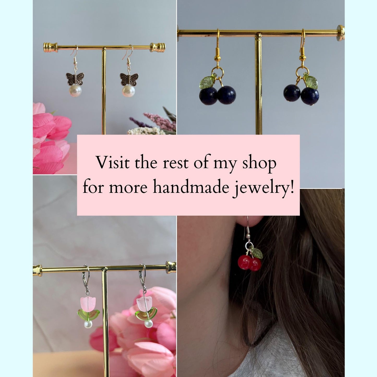 A photo collage showing other items in the shop (butterfly earrings, blueberry earrings, tulip earrings, and cherry earrings)