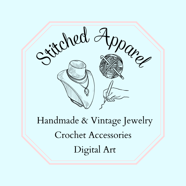 Logo for 'Stitched Apparel' featuring jewelry, yarn, and a hand with a crochet hook on a light blue background.