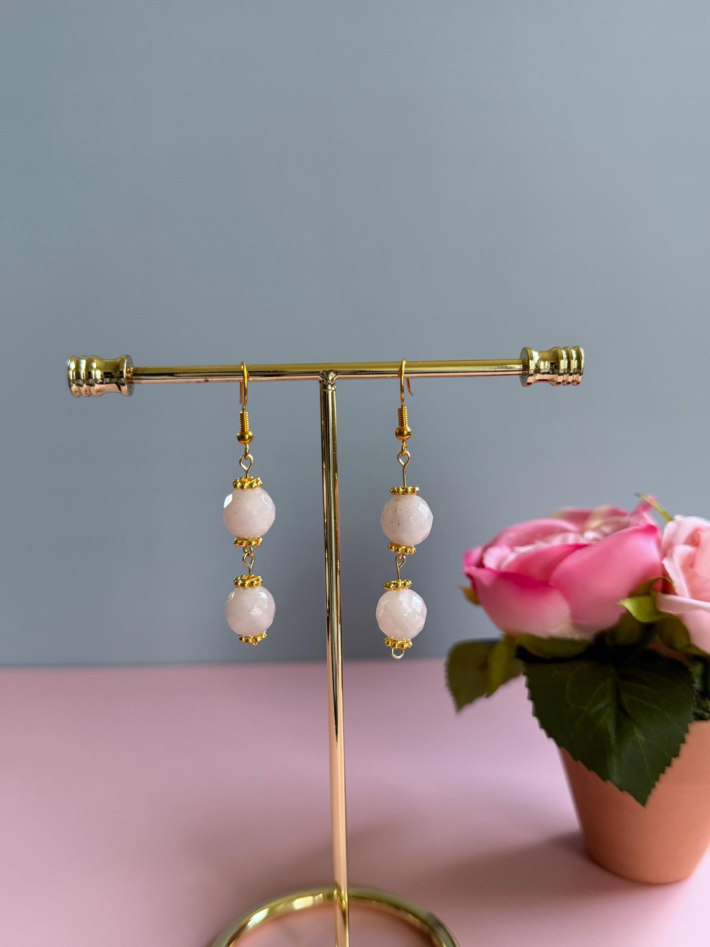 Handmade Rose Quartz Dangle Earrings: Beaded Minimalist Jewelry