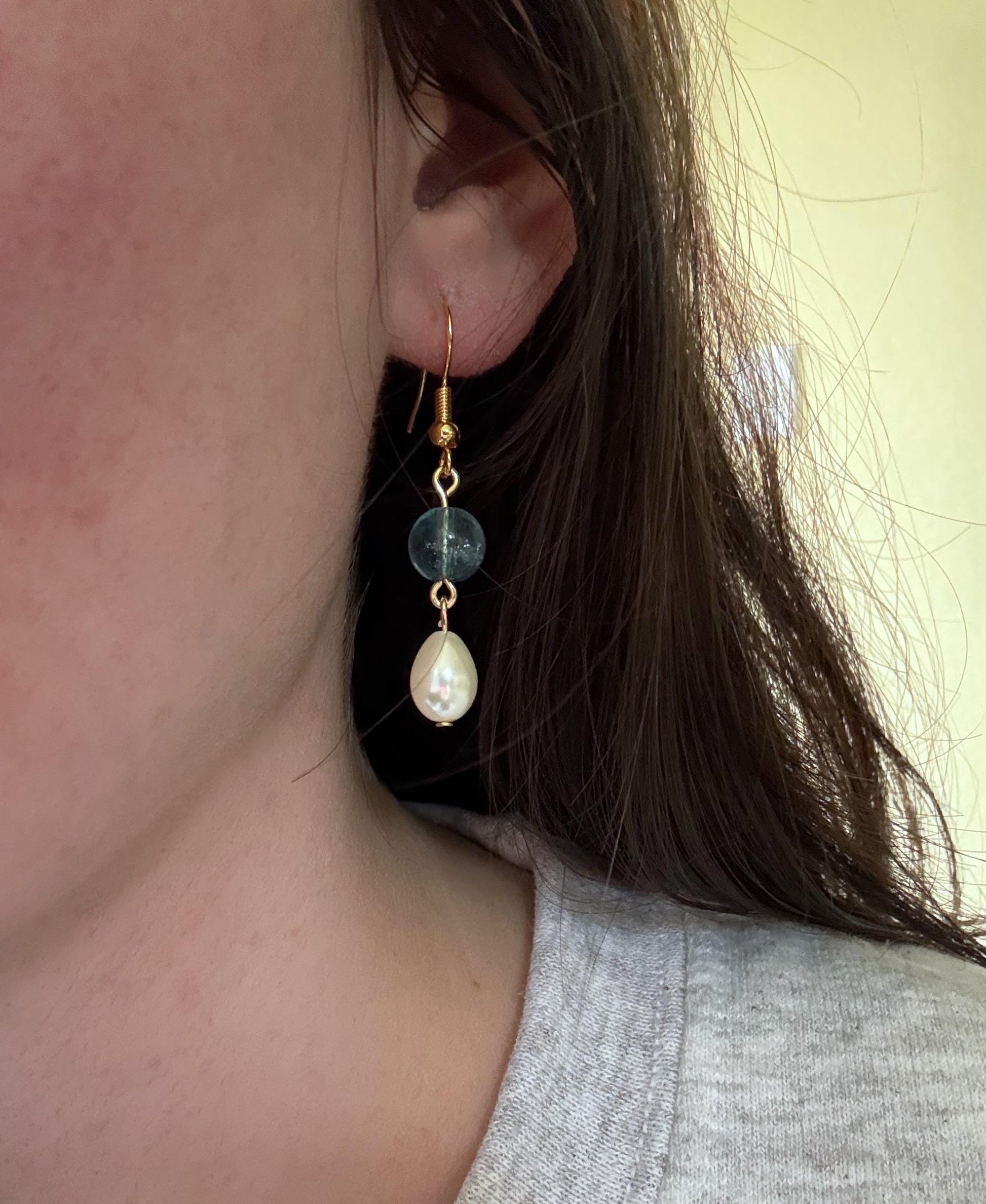 Pearl Drop Earrings: Blue Glass Bead Dangle, Stainless Steel