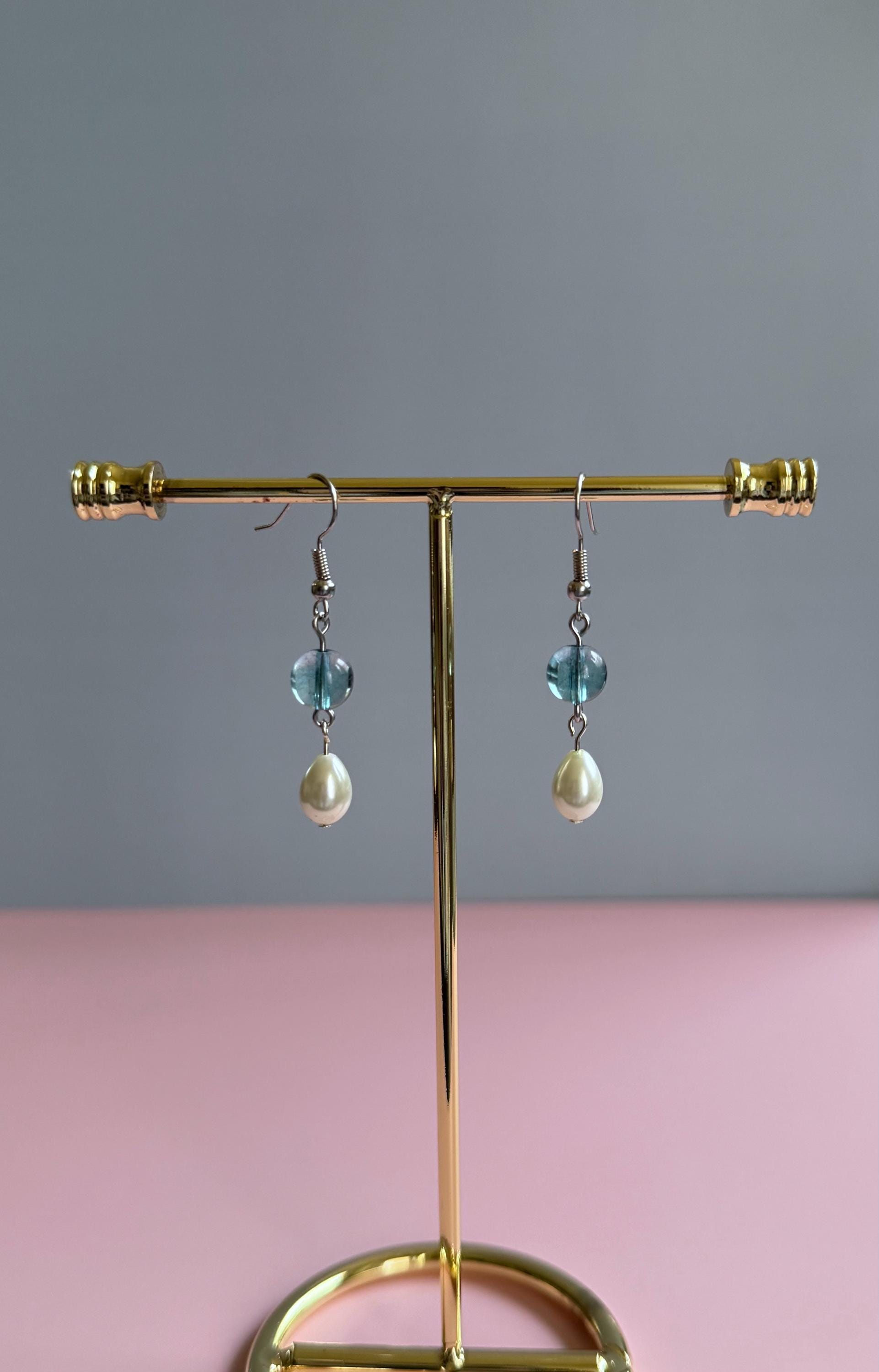 Pearl Drop Earrings: Blue Glass Bead Dangle, Stainless Steel