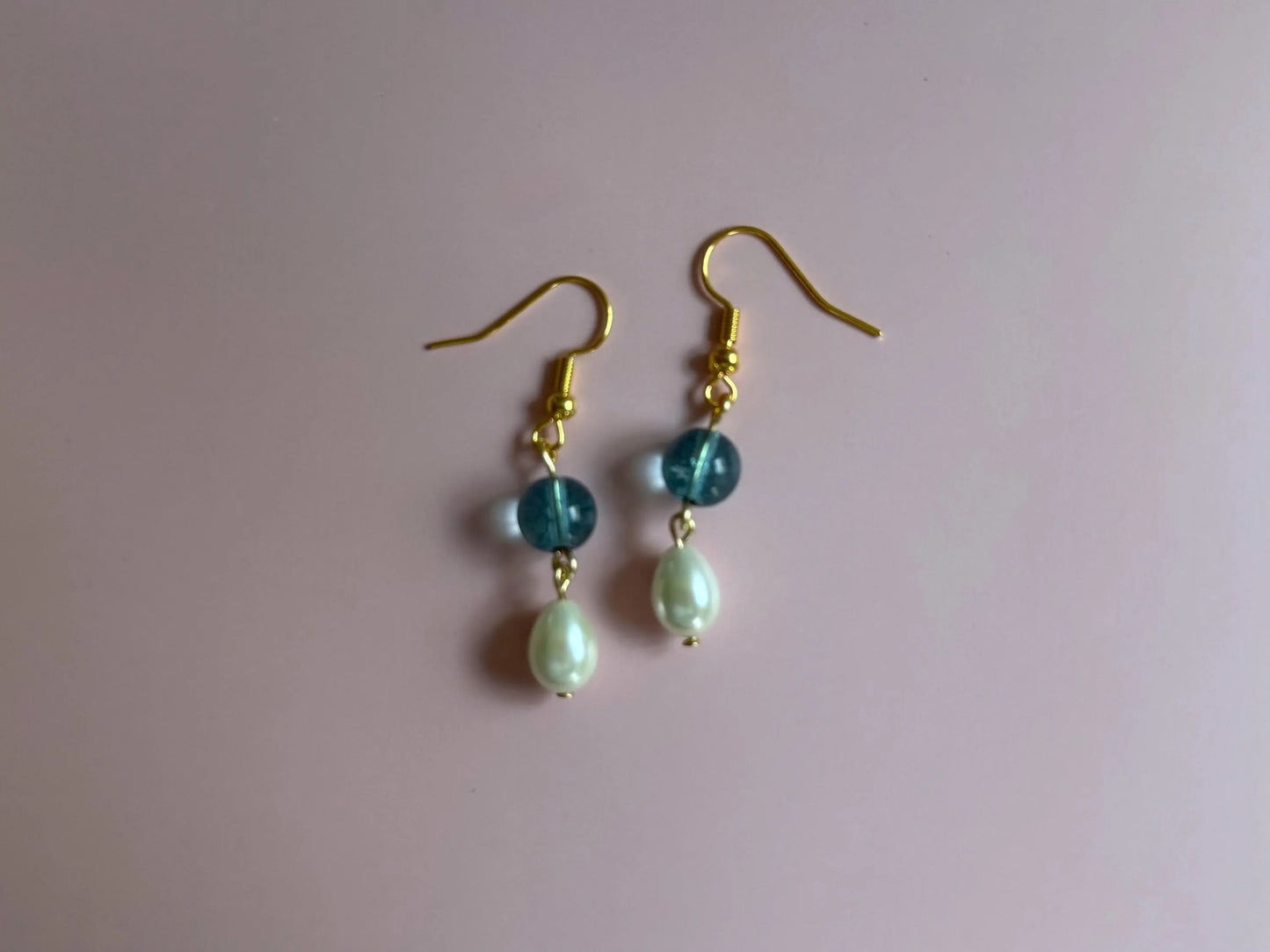 Handmade Pearl Drop Earrings with Blue Glass Bead | Minimalist Dangle Earrings | Elegant Jewelry | Gift for Her