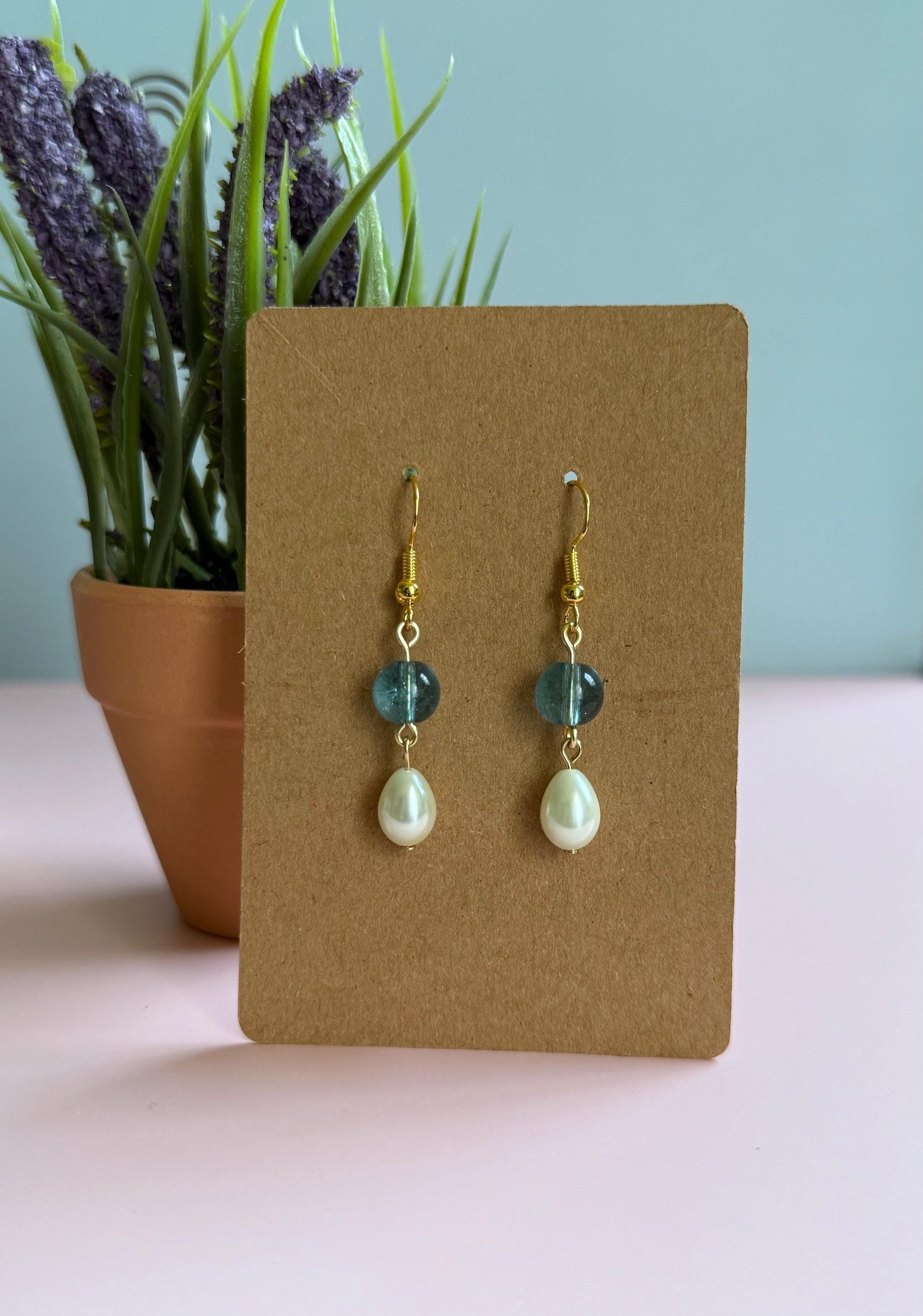 Pearl Drop Earrings: Blue Glass Bead Dangle, Stainless Steel