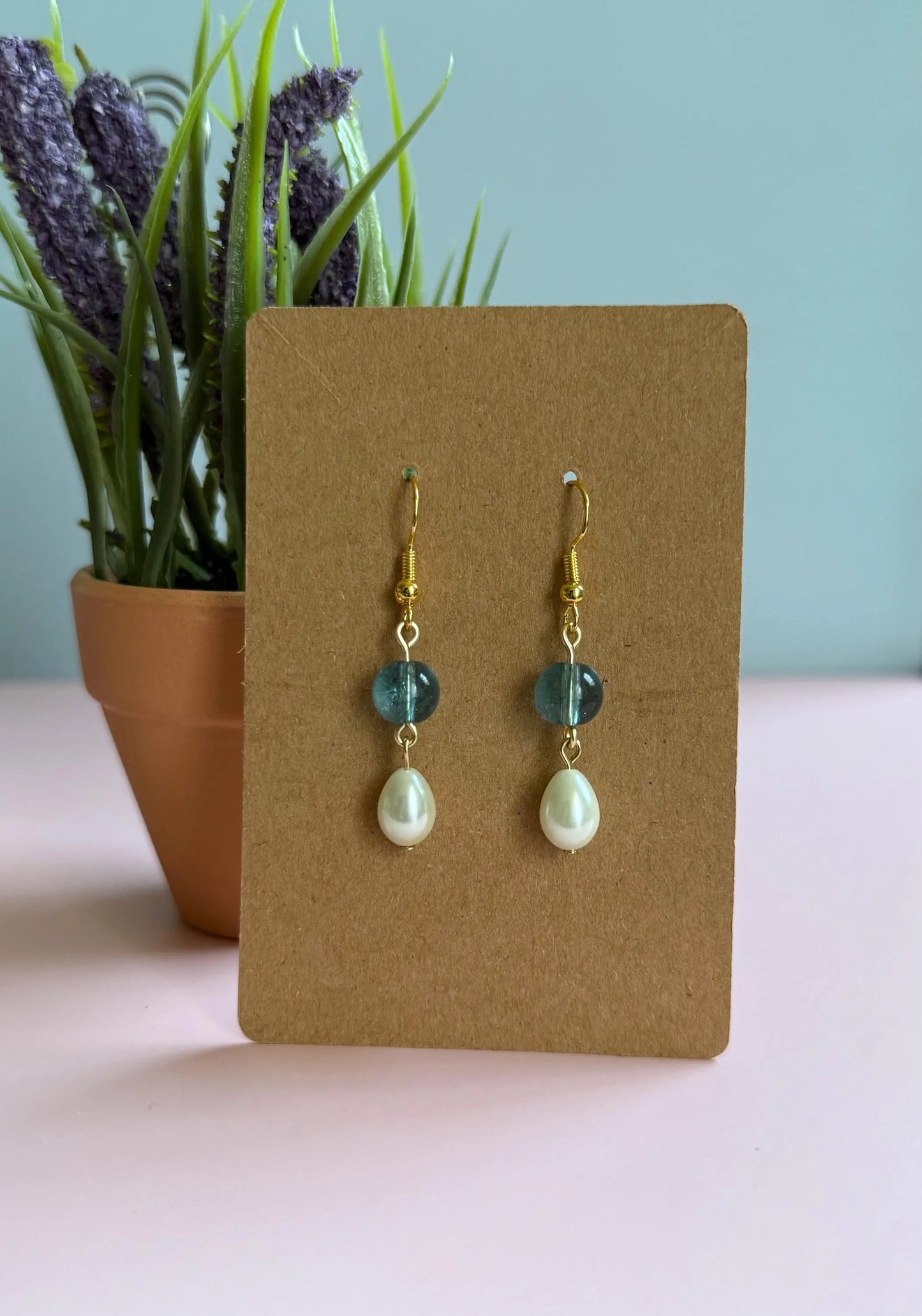 Handmade Pearl Drop Earrings with Blue Glass Bead | Minimalist Dangle Earrings | Elegant Jewelry | Gift for Her