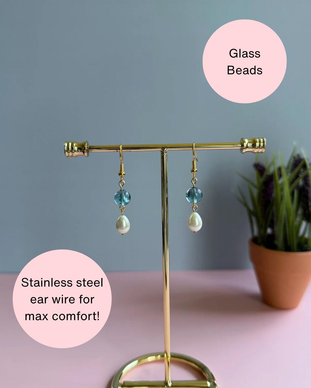 Handmade Pearl Drop Earrings with Blue Glass Bead | Minimalist Dangle Earrings | Elegant Jewelry | Gift for Her