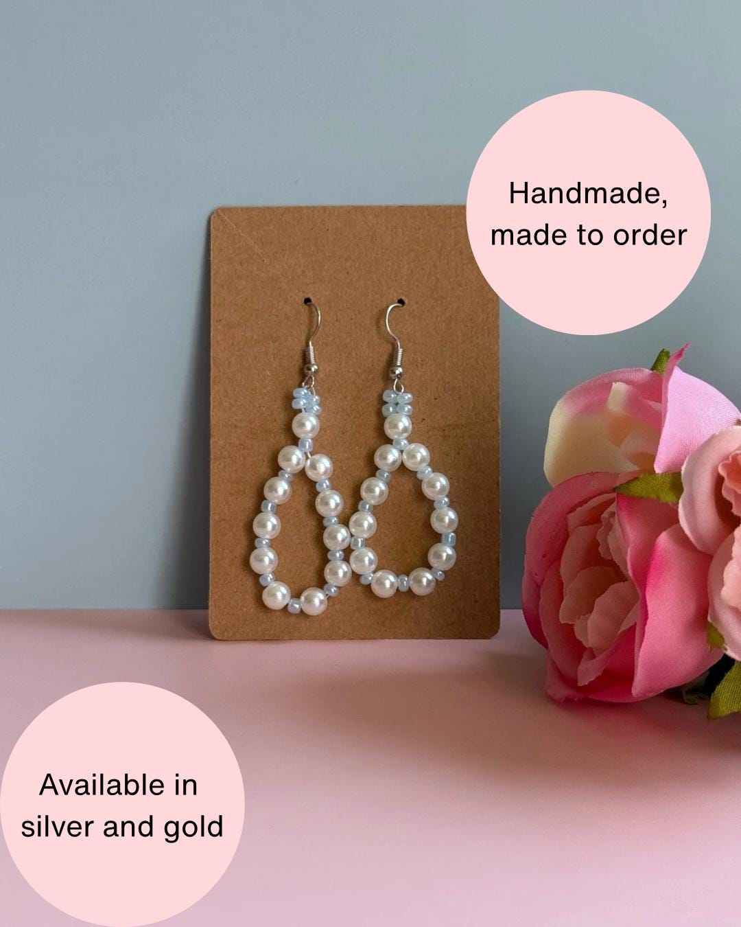 Handmade Pearl Loop Dangle Earrings with Blue Beads | Dainty Loop Dangles | Minimalist Earrings