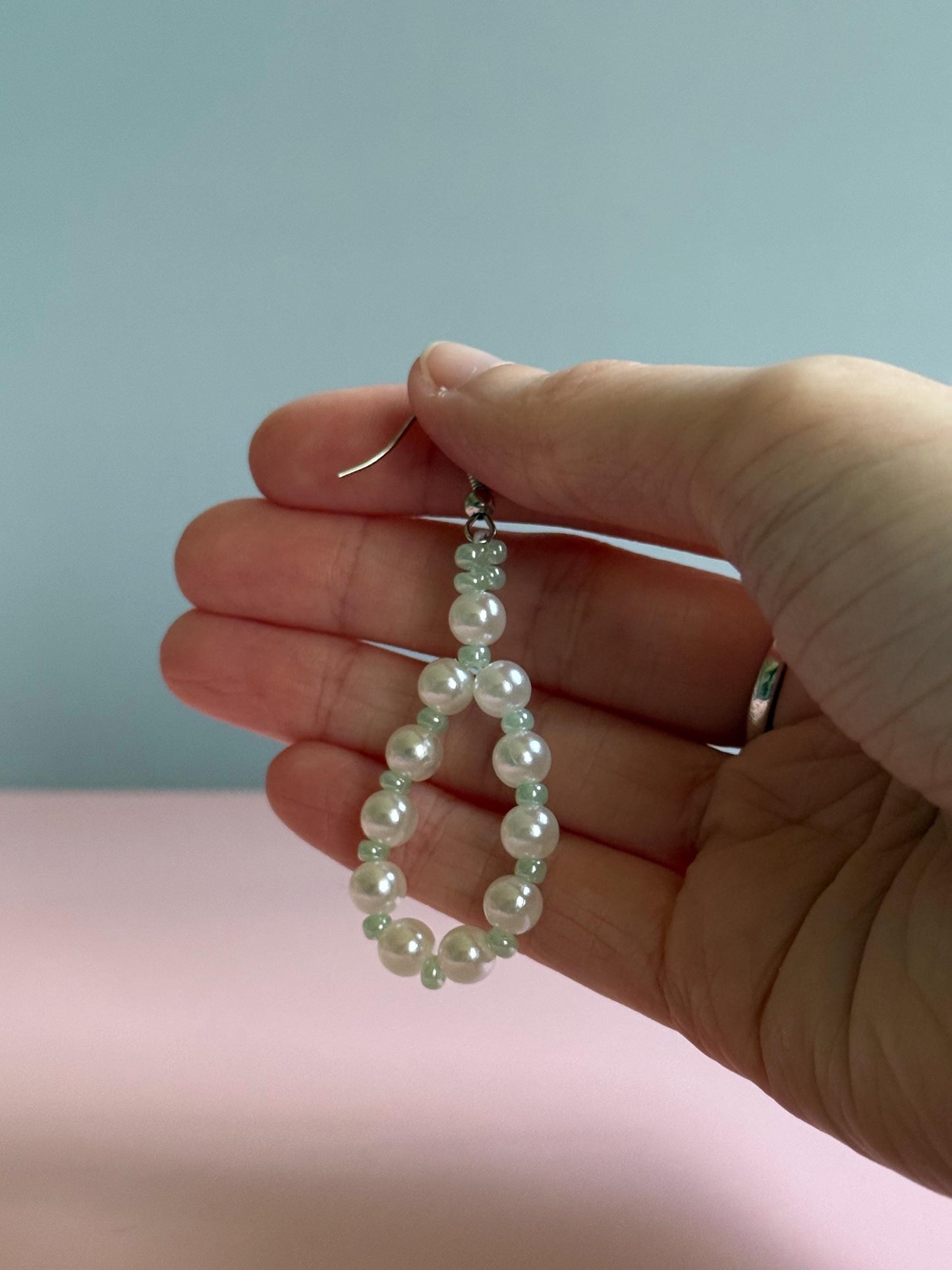 Handmade Pearl Loop Dangle Earrings with Green Beads | Dainty Loop Dangles | Minimalist Earrings