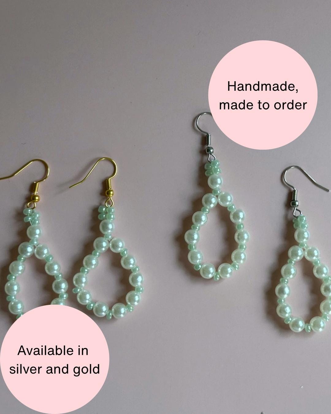 Handmade Pearl Loop Dangle Earrings with Green Beads | Dainty Loop Dangles | Minimalist Earrings