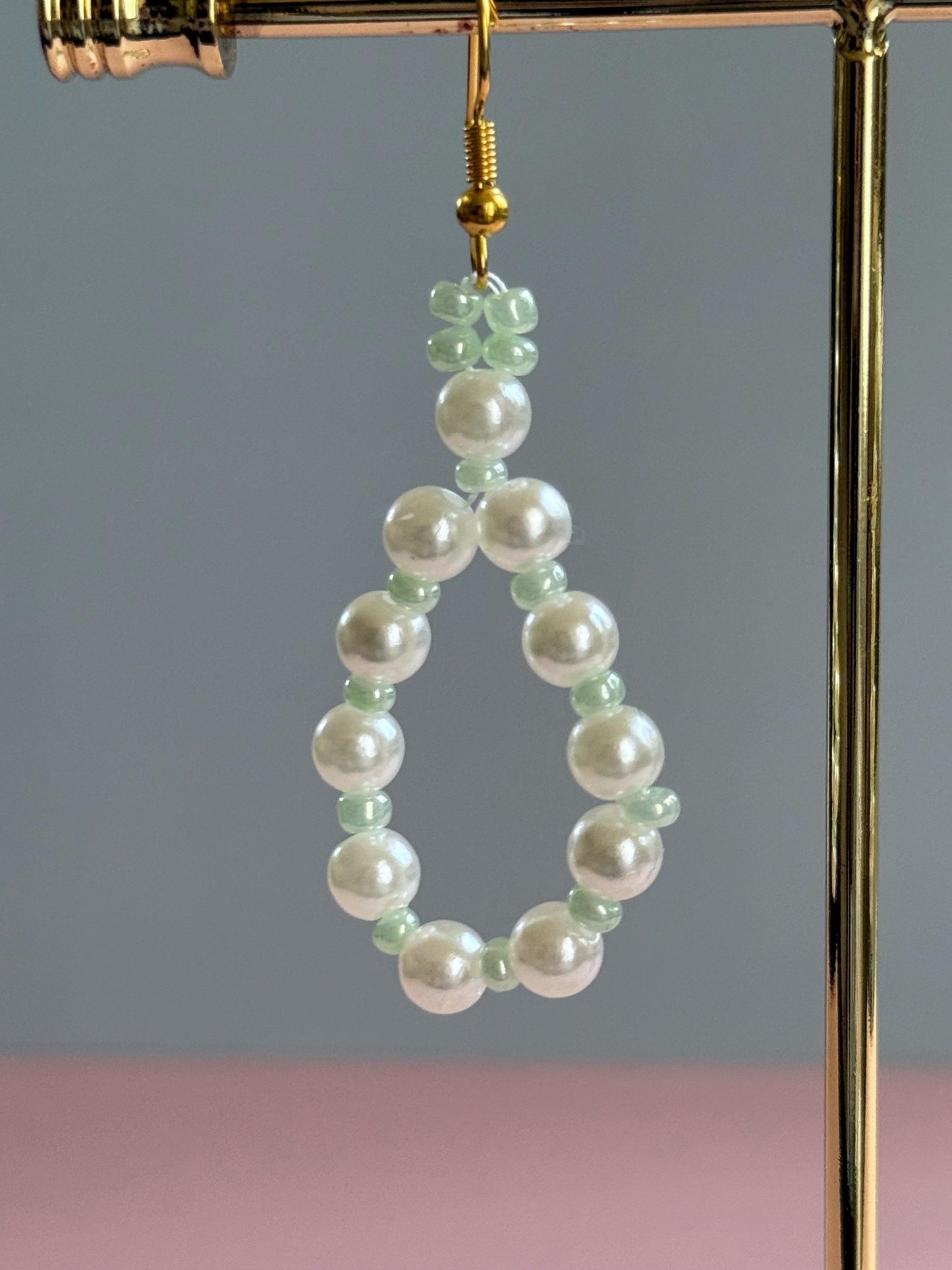 Handmade Pearl Loop Dangle Earrings with Green Beads | Dainty Loop Dangles | Minimalist Earrings