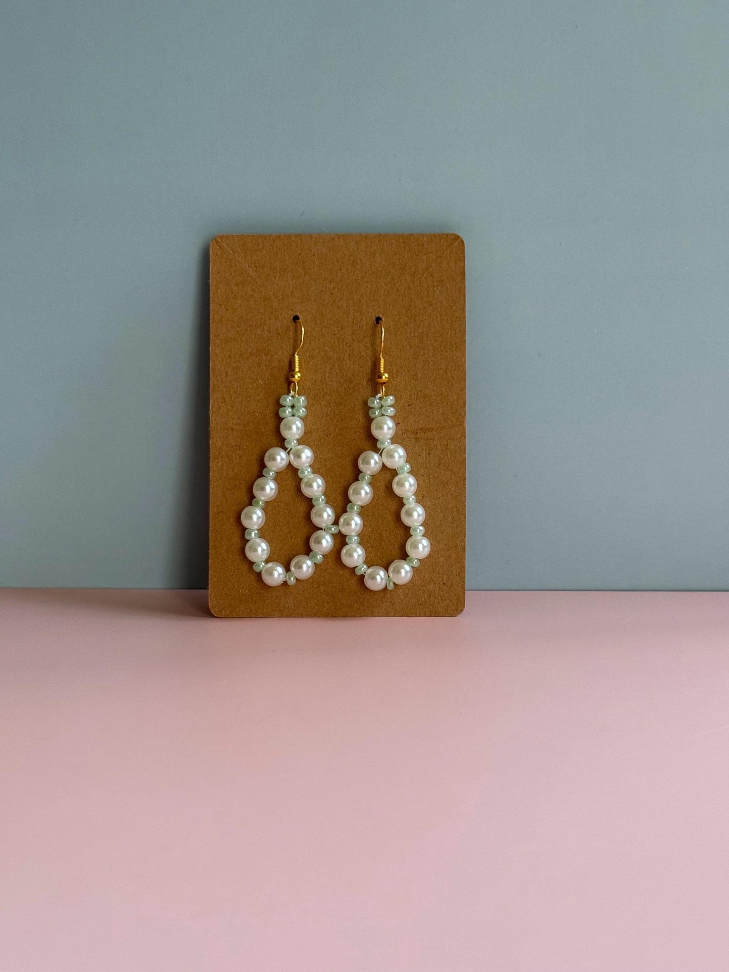 Handmade Pearl Loop Dangle Earrings with Green Beads | Dainty Loop Dangles | Minimalist Earrings