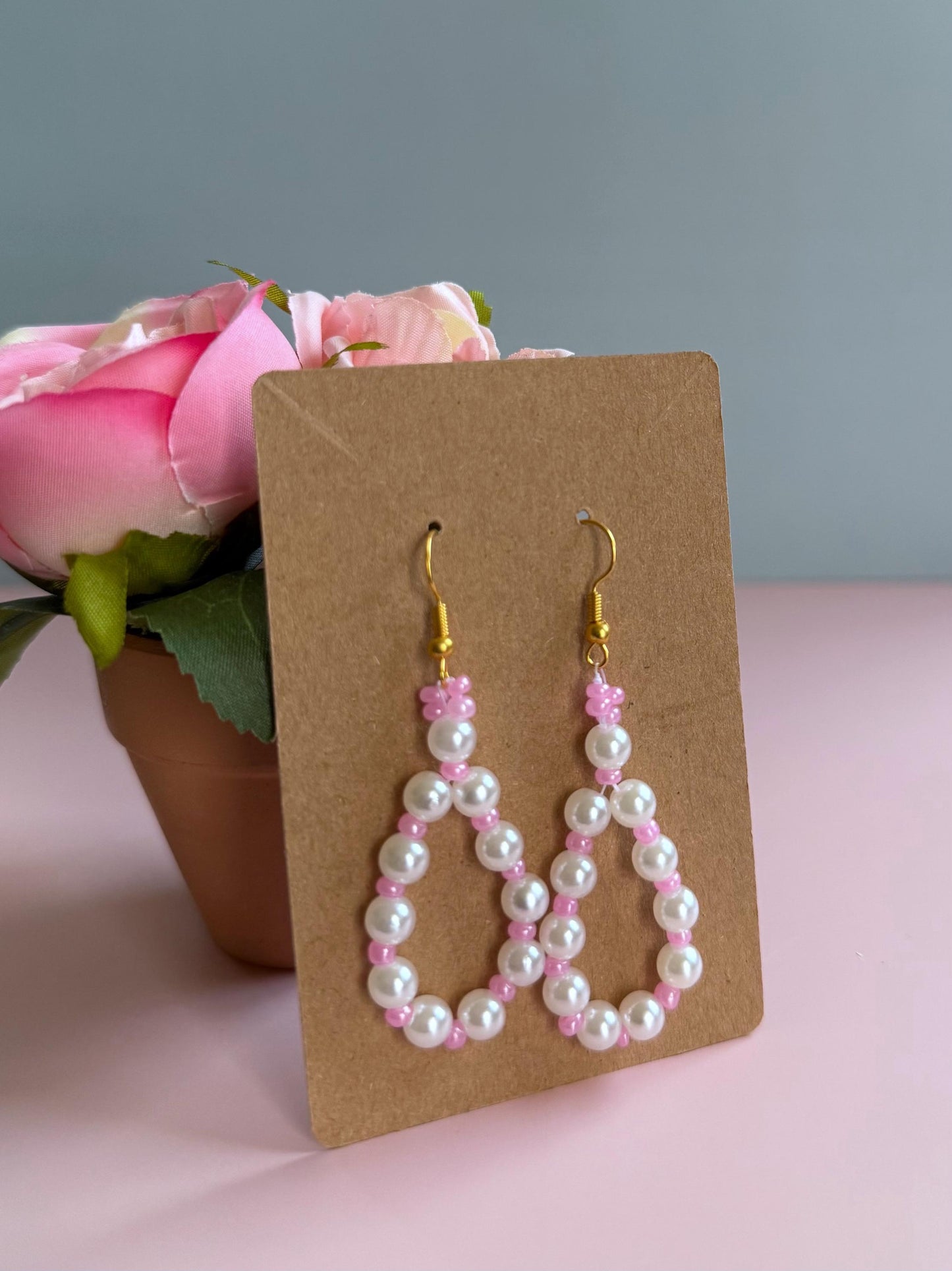 Handmade Pearl Loop Dangle Earrings with Pink Beads | Dainty Loop Dangles | Minimalist Earrings | Pink and White Earrings