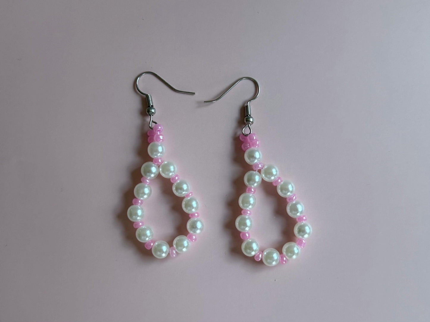 Handmade Pearl Loop Dangle Earrings with Pink Beads | Dainty Loop Dangles | Minimalist Earrings | Pink and White Earrings