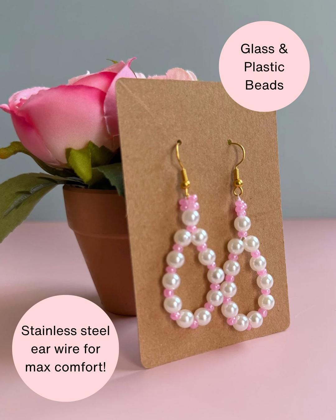 Handmade Pearl Loop Dangle Earrings with Pink Beads | Dainty Loop Dangles | Minimalist Earrings | Pink and White Earrings