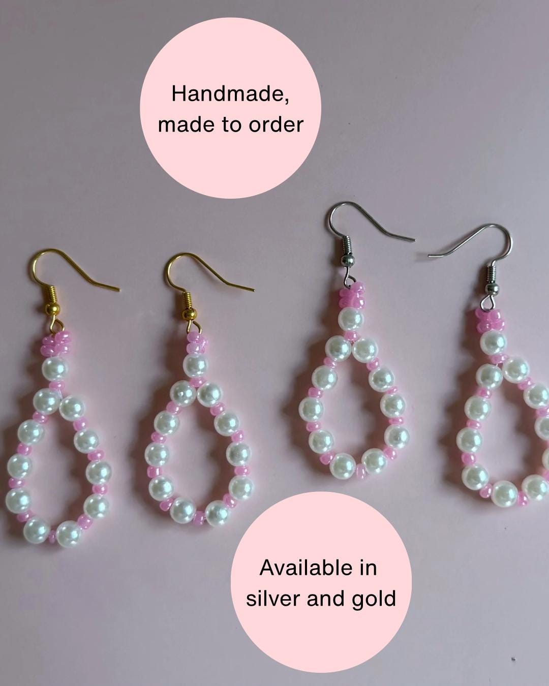 Handmade Pearl Loop Dangle Earrings with Pink Beads | Dainty Loop Dangles | Minimalist Earrings | Pink and White Earrings