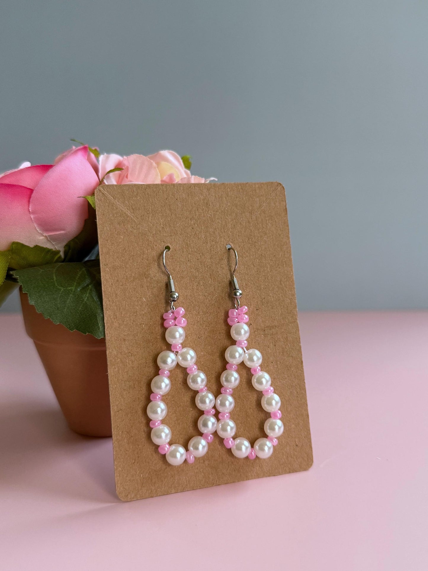 Handmade Pearl Loop Dangle Earrings with Pink Beads | Dainty Loop Dangles | Minimalist Earrings | Pink and White Earrings