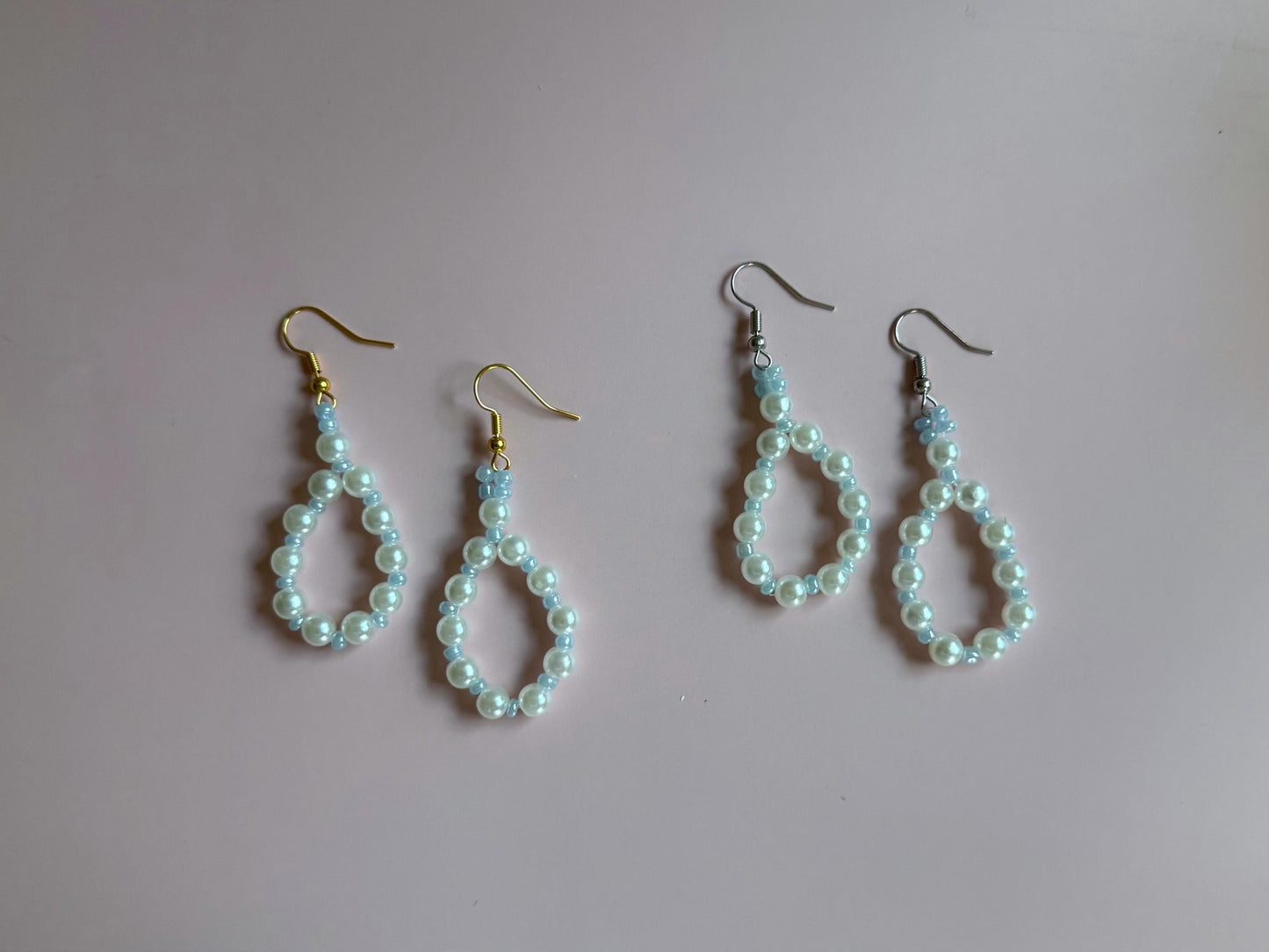 Blue and Pearl Jewelry Set | Handmade Loop Earrings & Matching Bracelet | Dainty Beaded Gift for Her |  Kawaii Aesthetic  Minimalist Jewelry