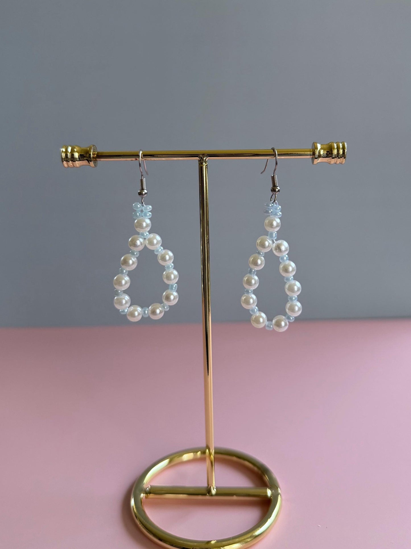 Blue and Pearl Jewelry Set | Handmade Loop Earrings & Matching Bracelet | Dainty Beaded Gift for Her |  Kawaii Aesthetic  Minimalist Jewelry