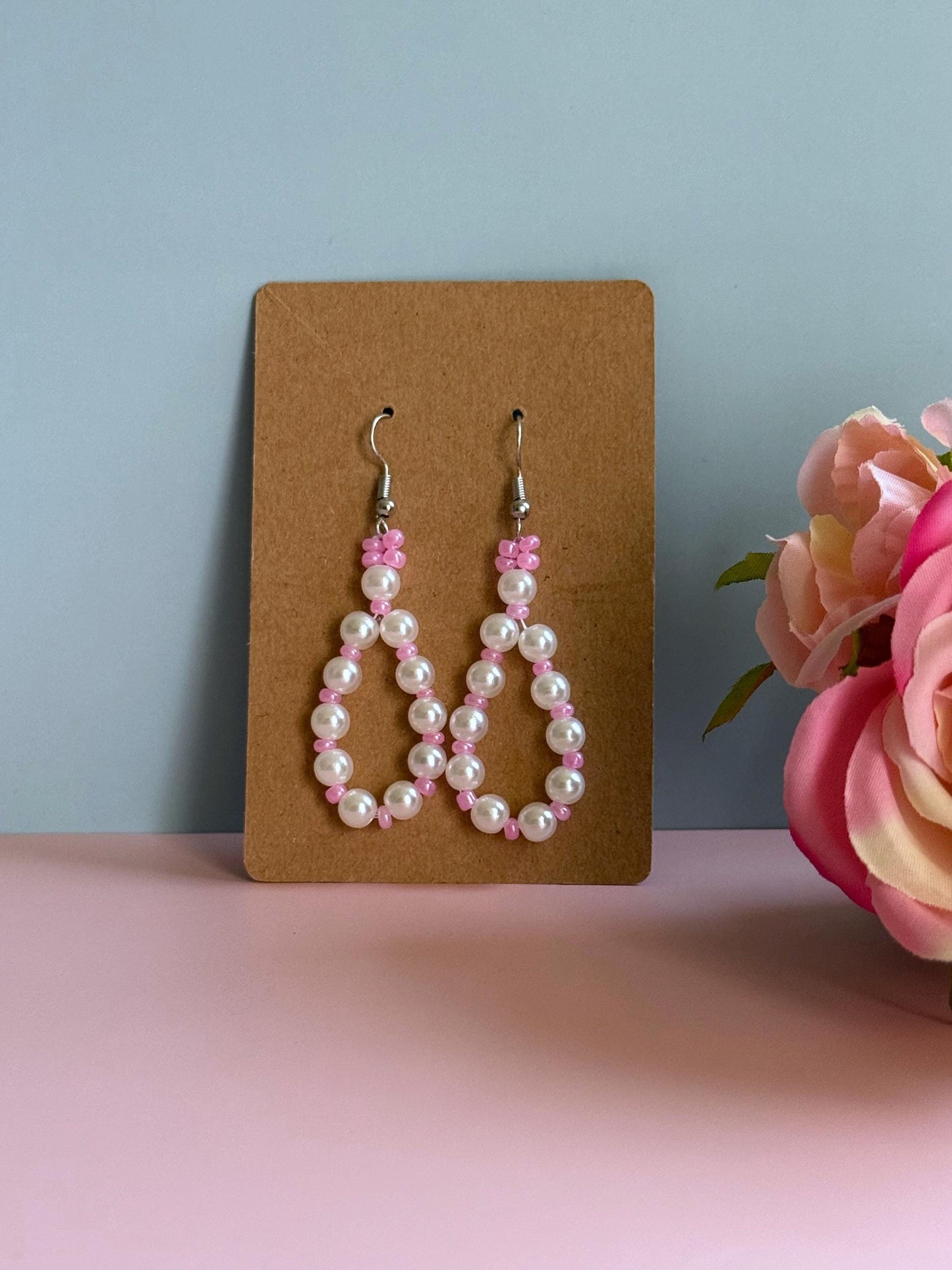 Pink and Pearl Jewelry Set | Handmade Beaded Loop Earrings & Matching Bracelet | Kawaii Gift for Her| Dainty Pastel Jewelry