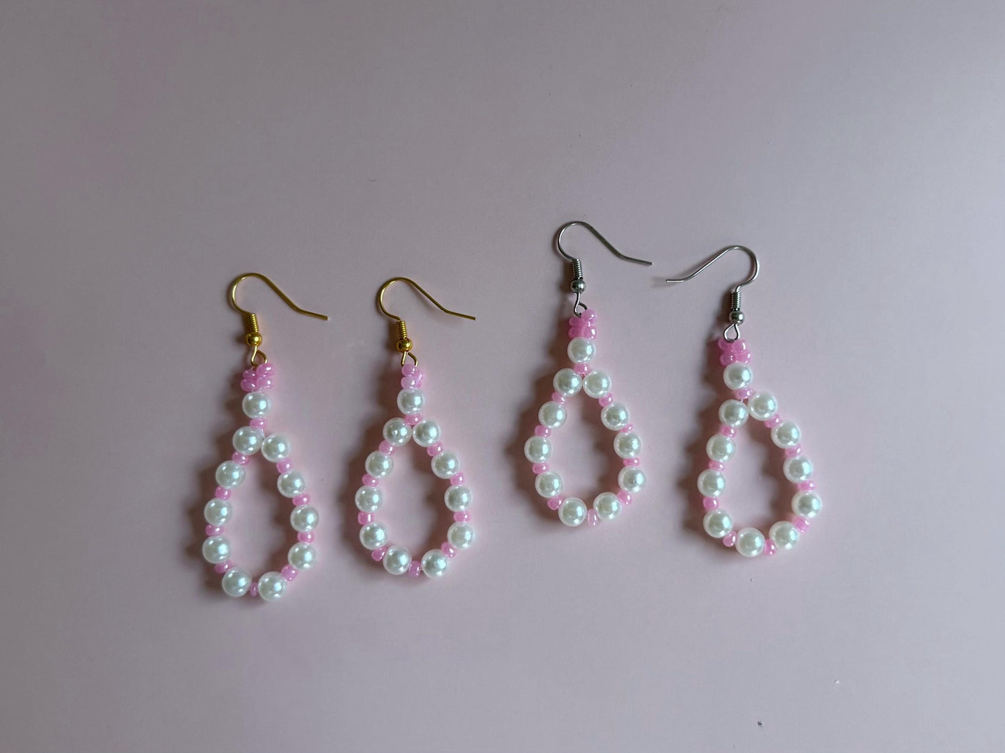 Pink and Pearl Jewelry Set | Handmade Beaded Loop Earrings & Matching Bracelet | Kawaii Gift for Her| Dainty Pastel Jewelry