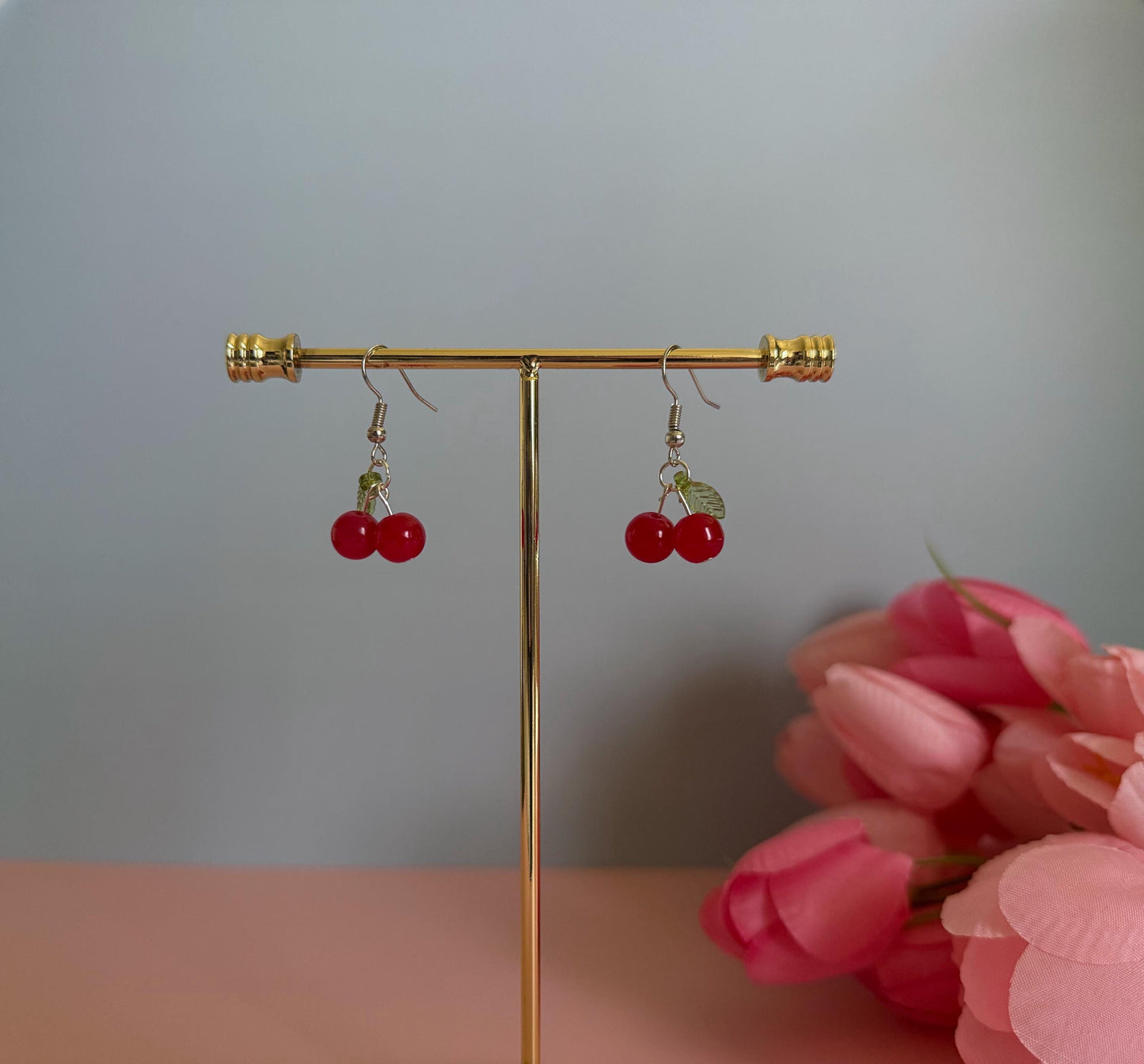 Cherry Earrings and Pearl Necklace Set: Handmade Fruit Jewelry