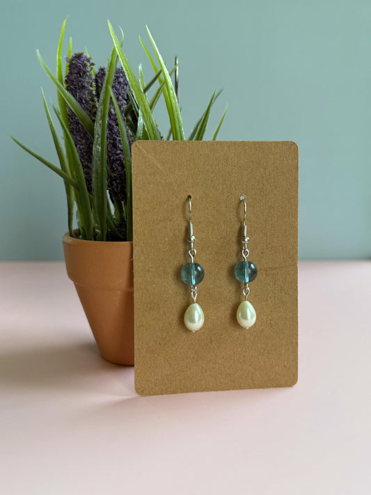 Handmade Pearl Drop Earrings with Blue Glass Bead | Minimalist Dangle Earrings | Elegant Jewelry | Gift for Her