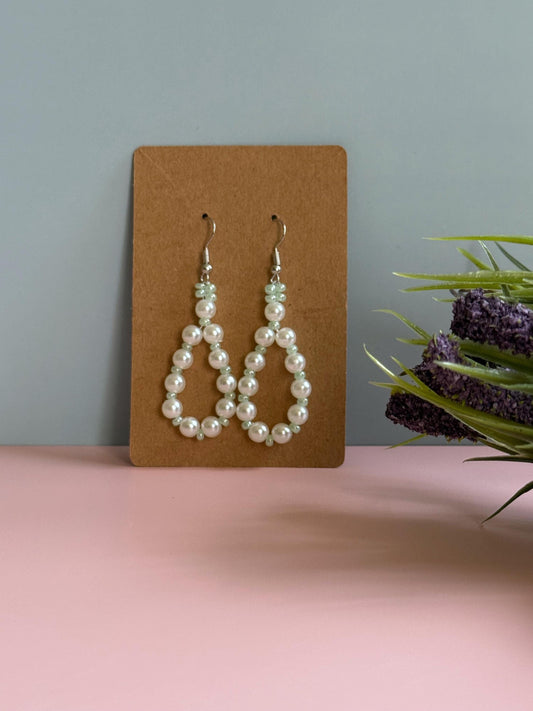 Handmade Pearl Loop Dangle Earrings with Green Beads | Dainty Loop Dangles | Minimalist Earrings