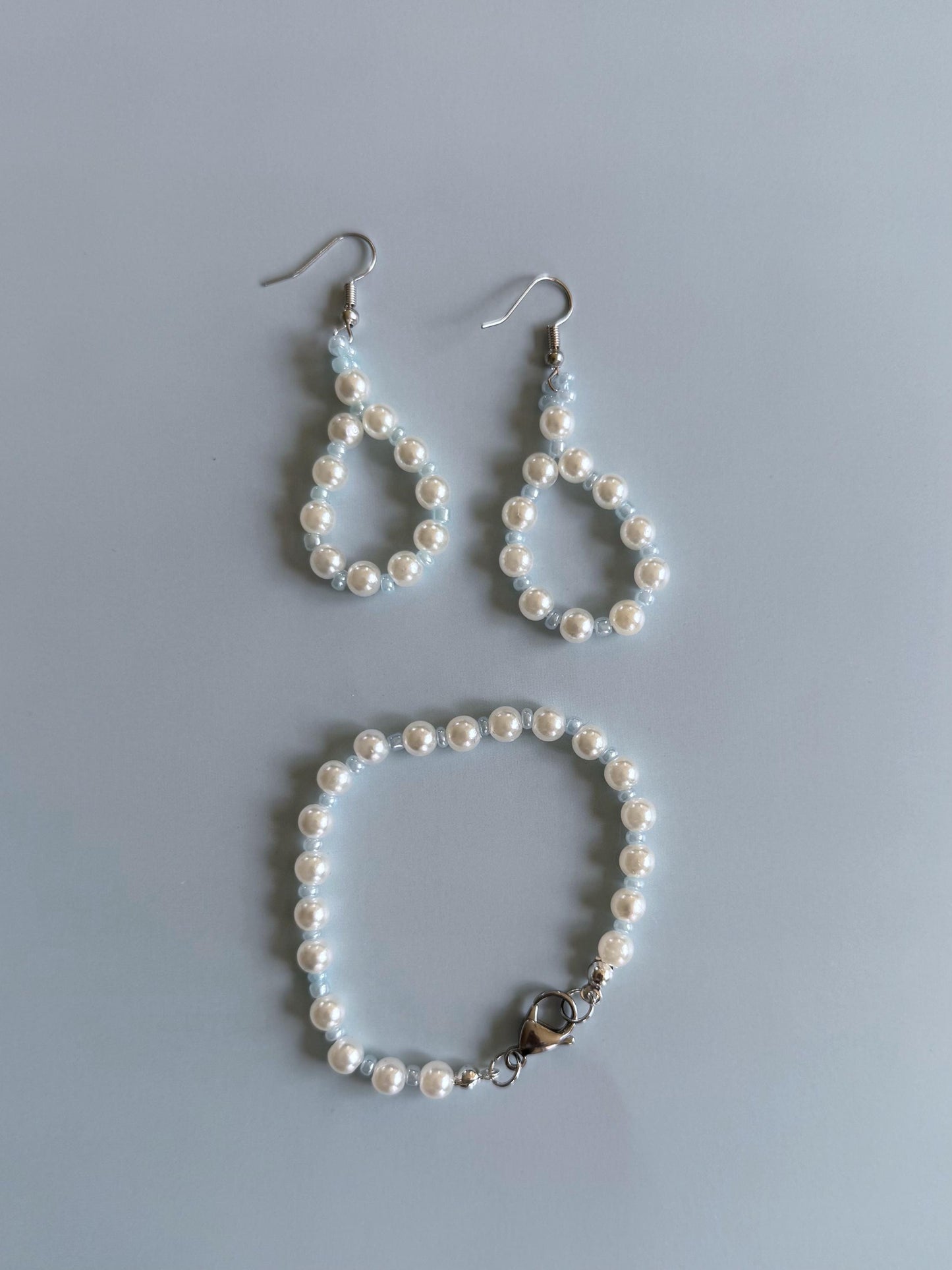 Blue and Pearl Jewelry Set | Handmade Loop Earrings & Matching Bracelet | Dainty Beaded Gift for Her |  Kawaii Aesthetic  Minimalist Jewelry