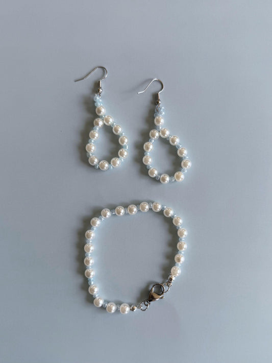 Blue and Pearl Jewelry Set | Handmade Loop Earrings & Matching Bracelet | Dainty Beaded Gift for Her |  Kawaii Aesthetic  Minimalist Jewelry