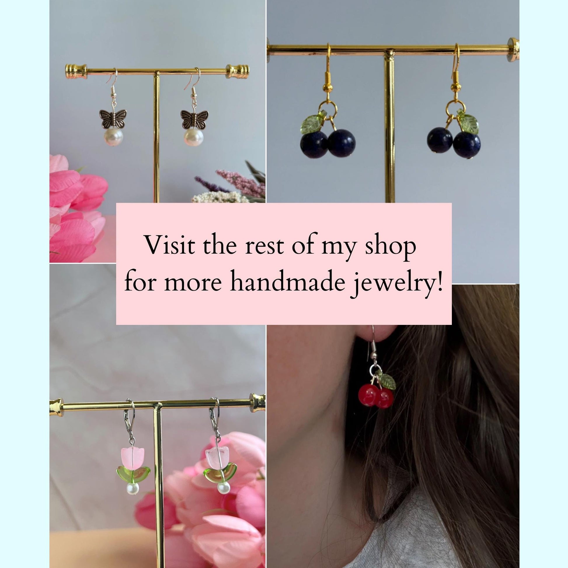 A photo collage showing other items in the shop (butterfly earrings, blueberry earrings, tulip earrings, and cherry earrings)
