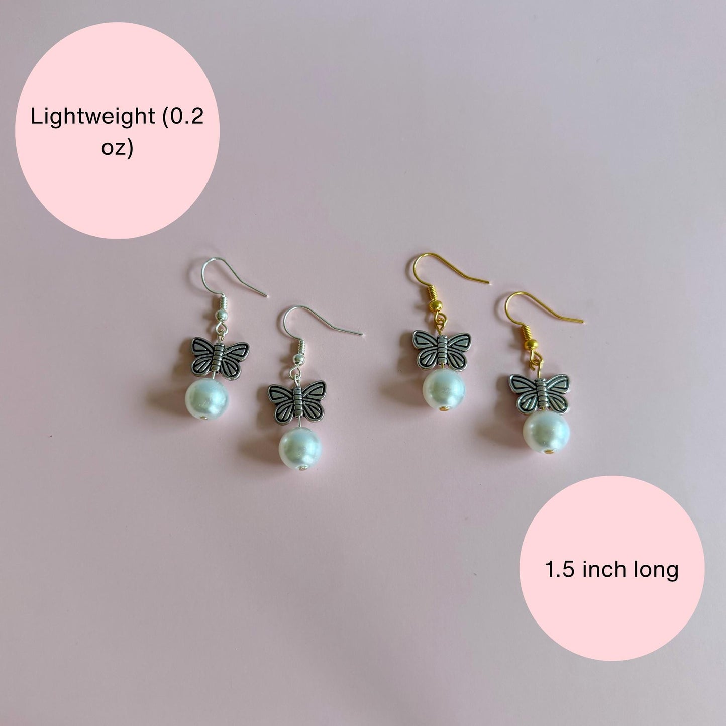 Two pairs of butterfly earrings in silver and gold. The image features text explaining that the earrings are lightweight and dainty. The earrings feature metal butterflies and a pearl under the butterfly.