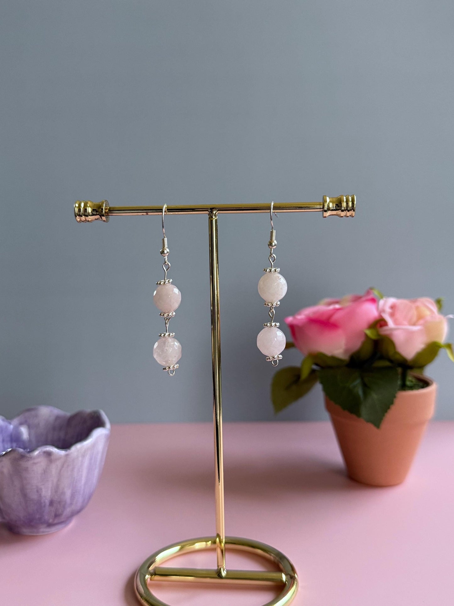 Handmade Rose Quartz Dangle Earrings: Beaded Minimalist Jewelry