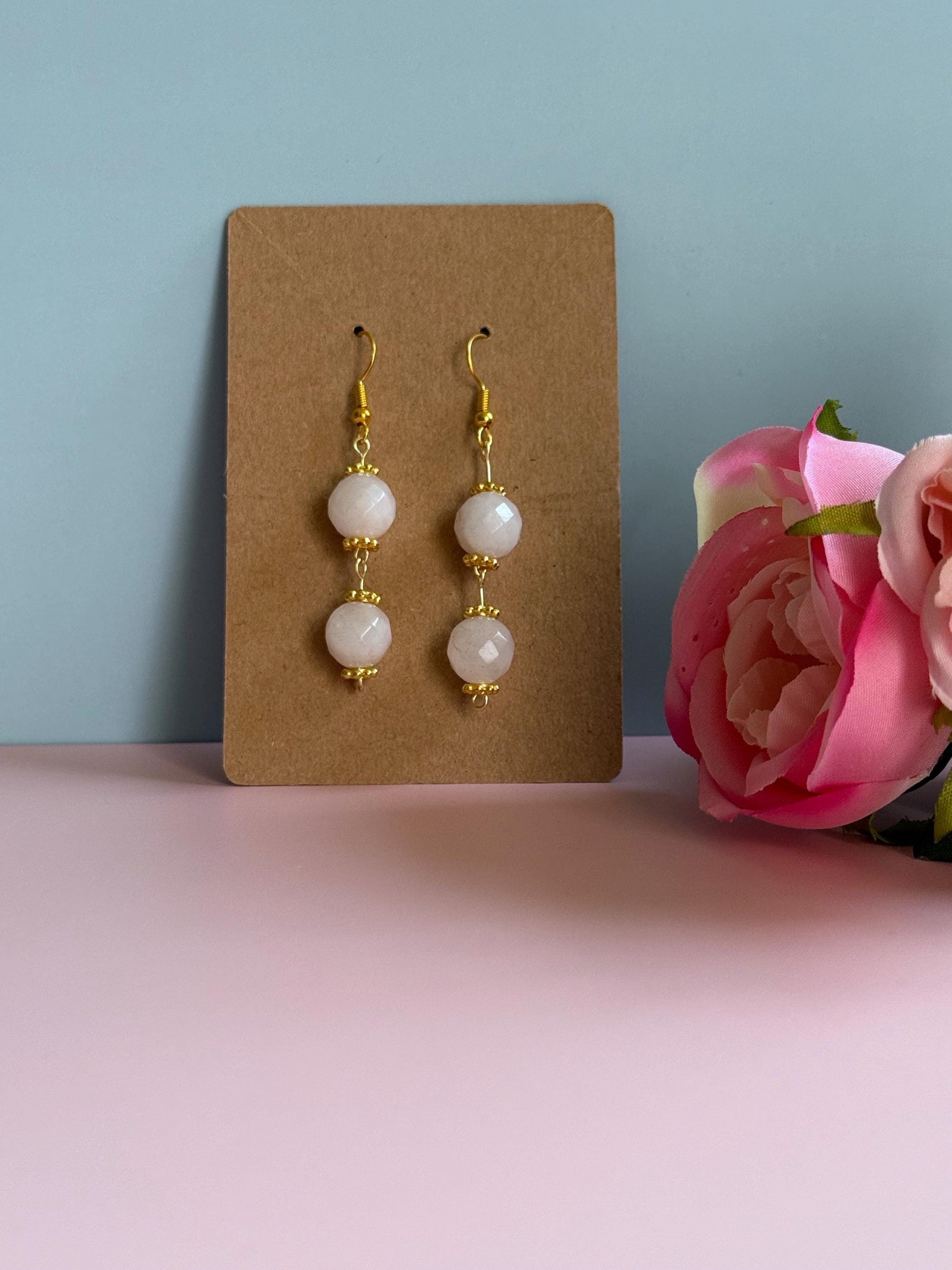 Handmade Rose Quartz Dangle Earrings: Beaded Minimalist Jewelry