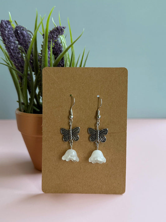 Butterfly and Bellflower Drop Earrings | Cottagecore Fairycore Aesthetic | Lightweight Dangle Earrings for Nature Lovers