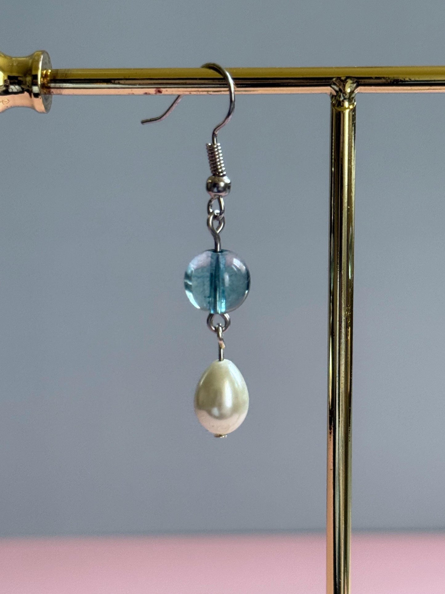 Handmade Pearl Drop Earrings with Blue Glass Bead | Minimalist Dangle Earrings | Elegant Jewelry | Gift for Her