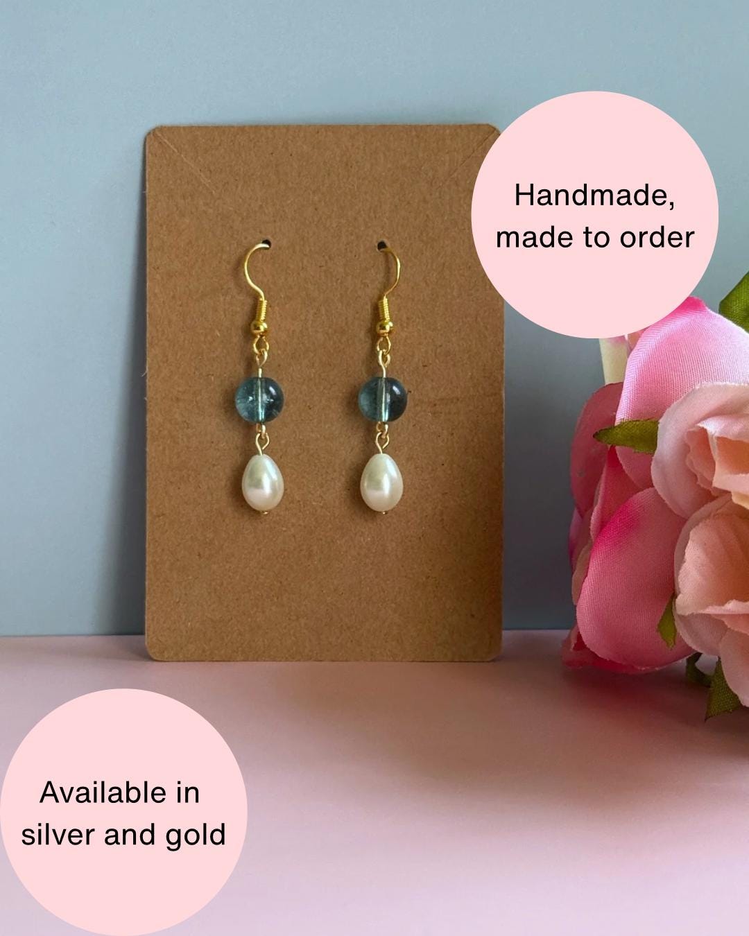 Handmade Pearl Drop Earrings with Blue Glass Bead | Minimalist Dangle Earrings | Elegant Jewelry | Gift for Her