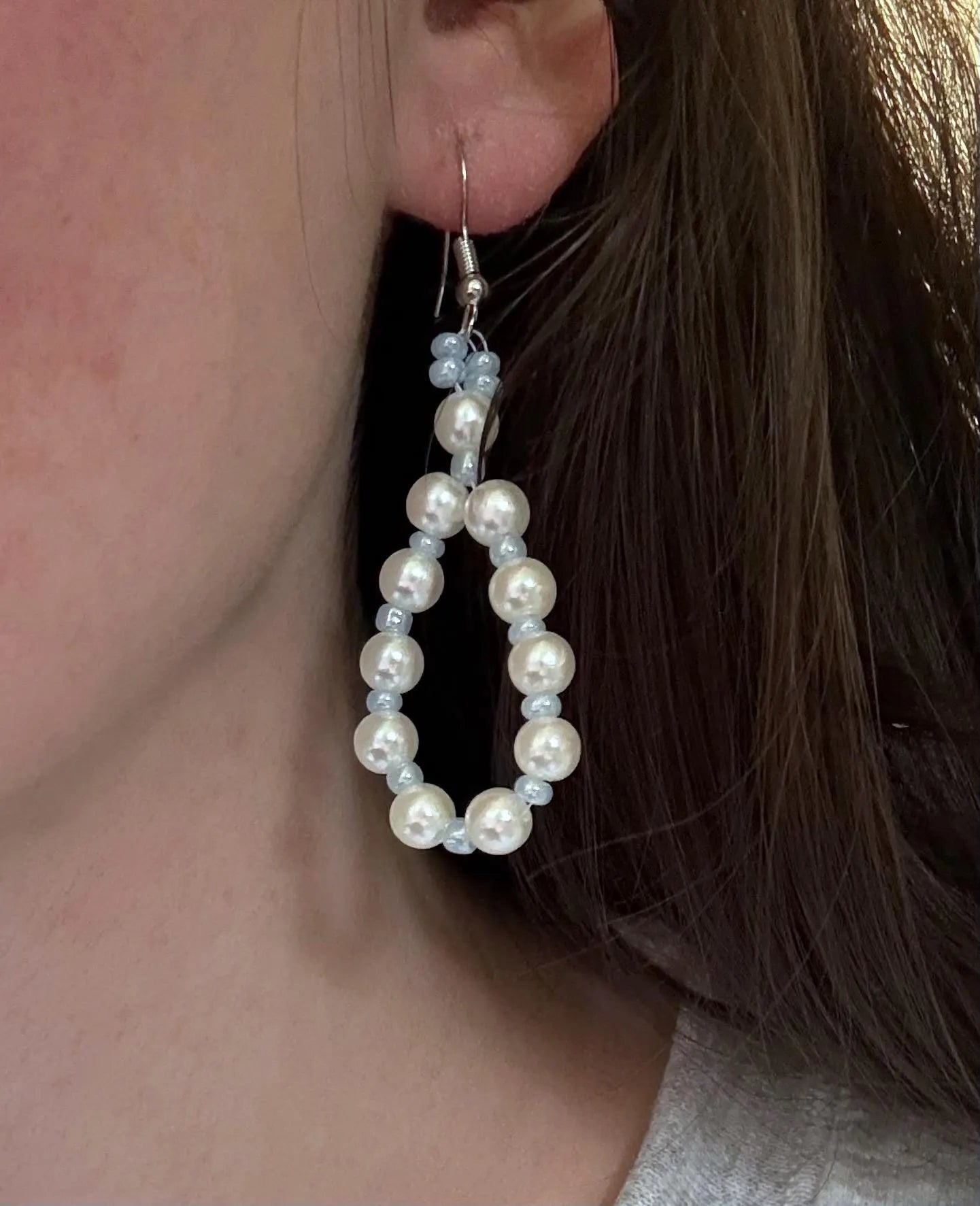 Handmade Pearl Loop Dangle Earrings with Blue Beads | Dainty Loop Dangles | Minimalist Earrings