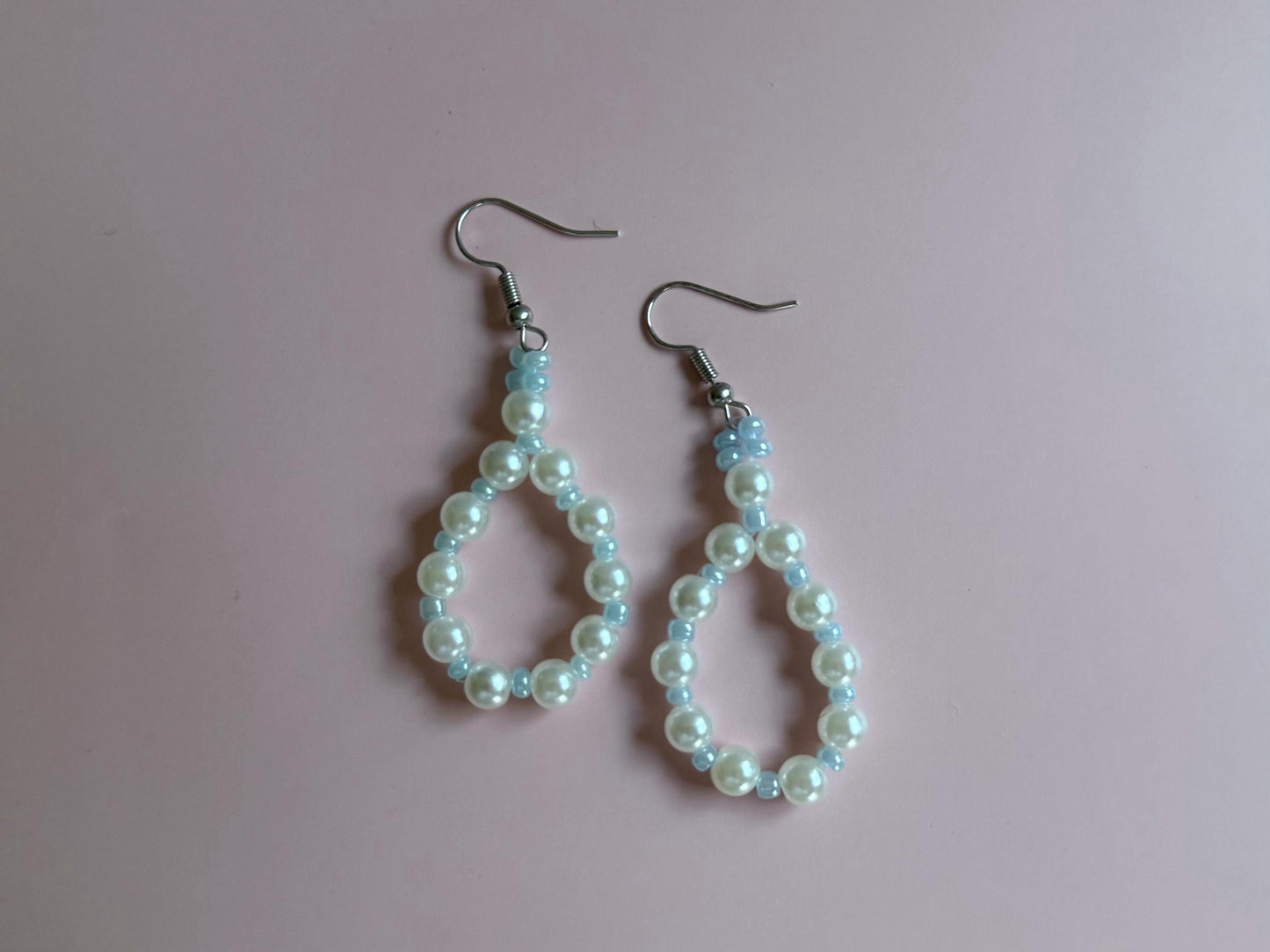 Handmade Pearl Loop Dangle Earrings with Blue Beads | Dainty Loop Dangles | Minimalist Earrings
