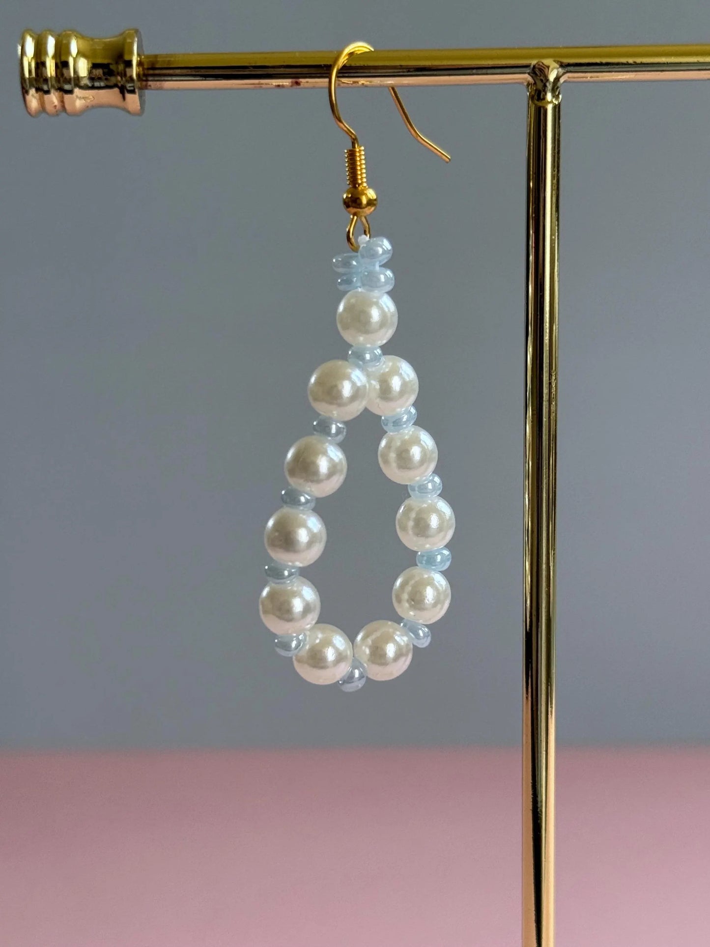 Handmade Pearl Loop Dangle Earrings with Blue Beads | Dainty Loop Dangles | Minimalist Earrings