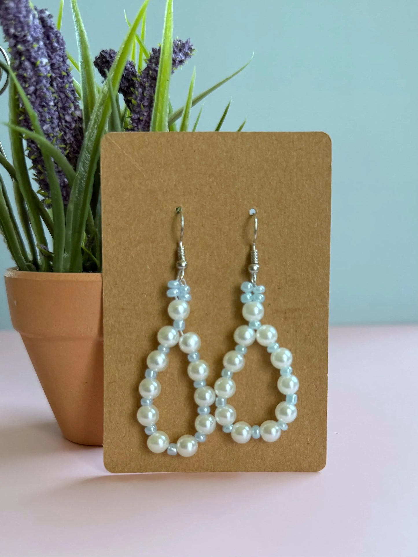 Handmade Pearl Loop Dangle Earrings with Blue Beads | Dainty Loop Dangles | Minimalist Earrings