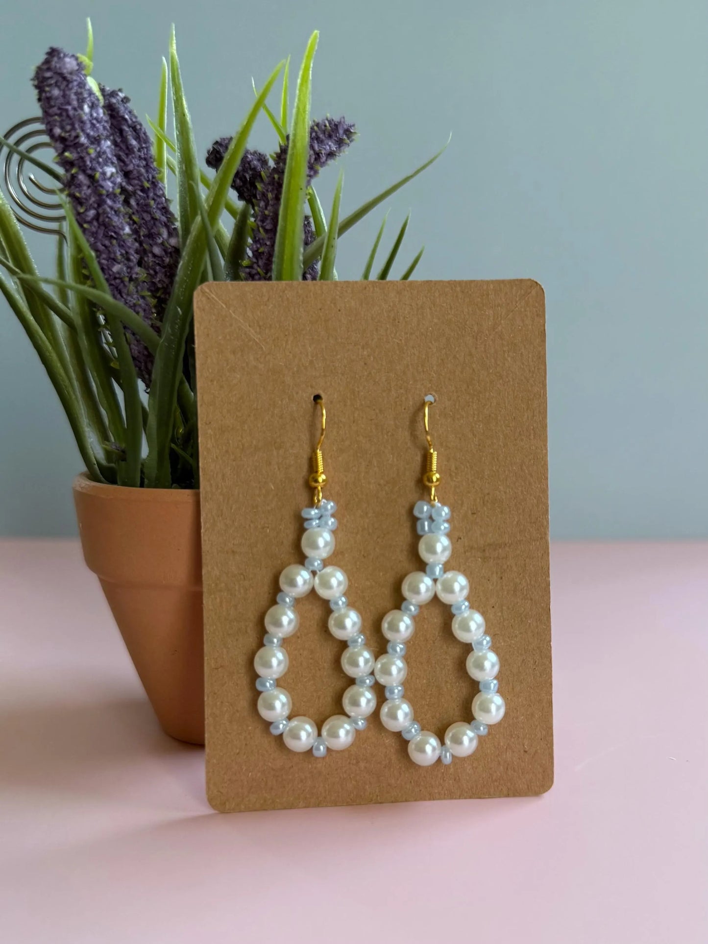 Handmade Pearl Loop Dangle Earrings with Blue Beads | Dainty Loop Dangles | Minimalist Earrings