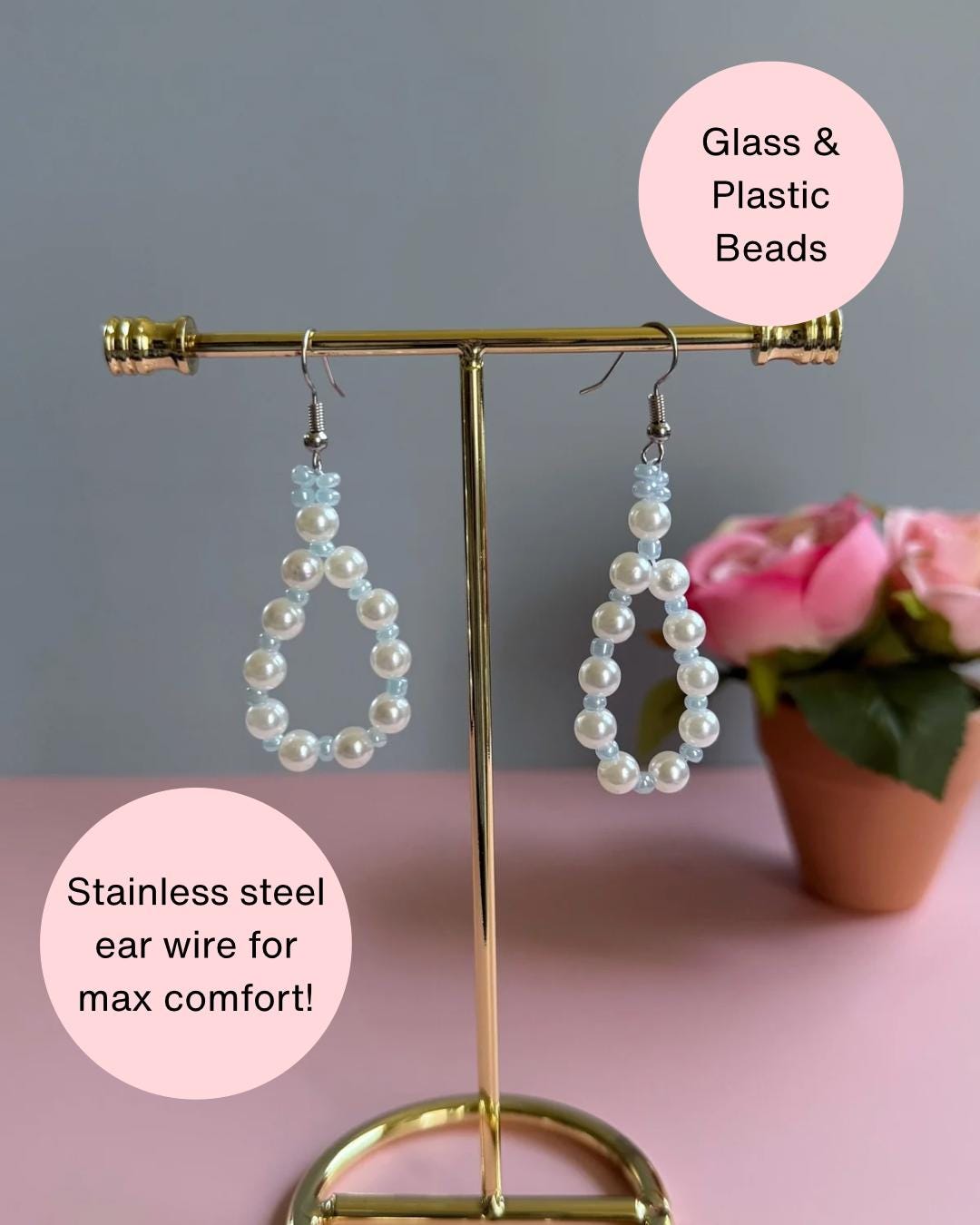 Handmade Pearl Loop Dangle Earrings with Blue Beads | Dainty Loop Dangles | Minimalist Earrings