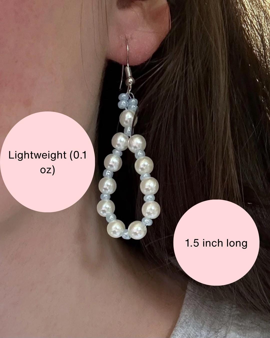 Handmade Pearl Loop Dangle Earrings with Blue Beads | Dainty Loop Dangles | Minimalist Earrings