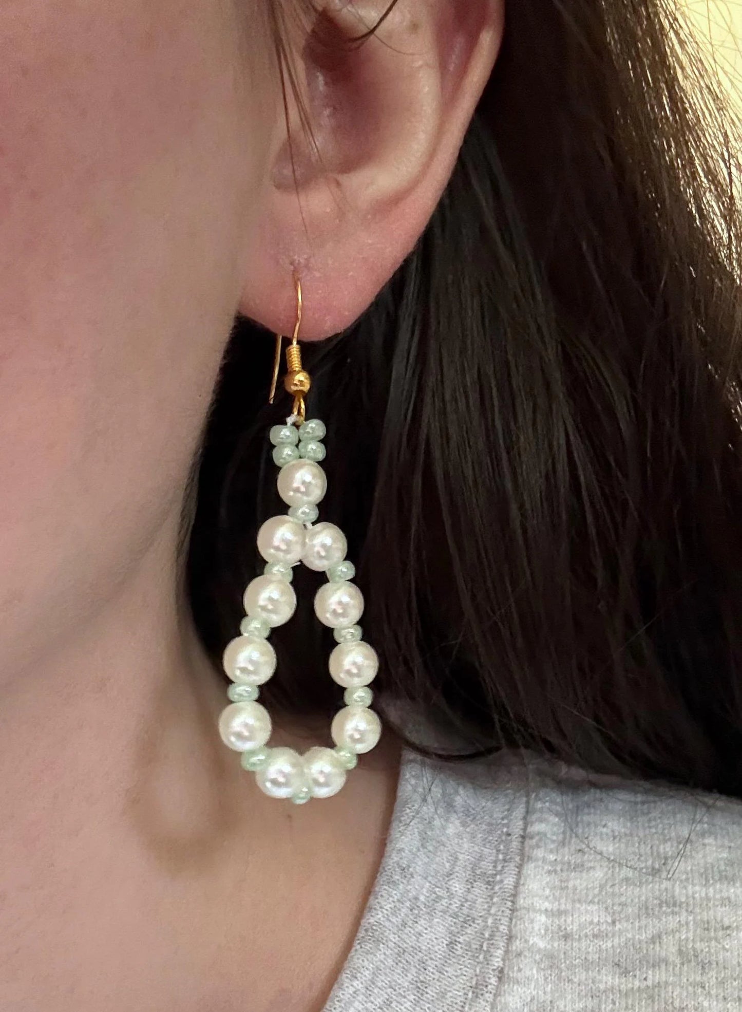 Handmade Pearl Loop Dangle Earrings with Green Beads | Dainty Loop Dangles | Minimalist Earrings