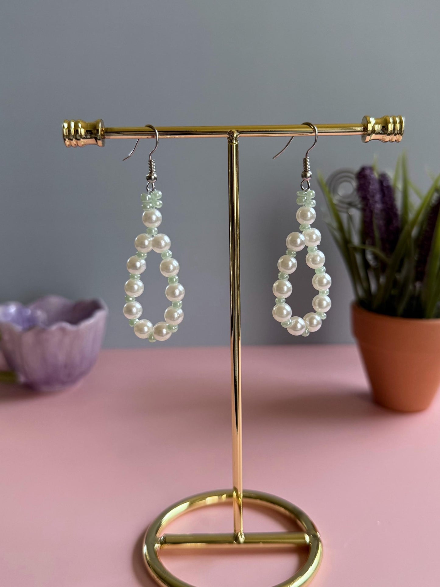 Handmade Pearl Loop Dangle Earrings with Green Beads | Dainty Loop Dangles | Minimalist Earrings