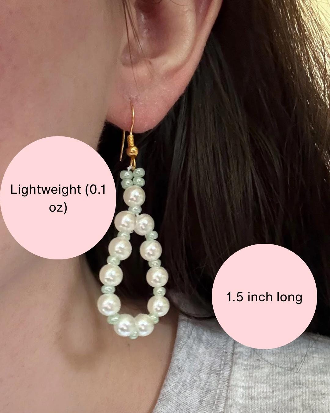 Handmade Pearl Loop Dangle Earrings with Green Beads | Dainty Loop Dangles | Minimalist Earrings