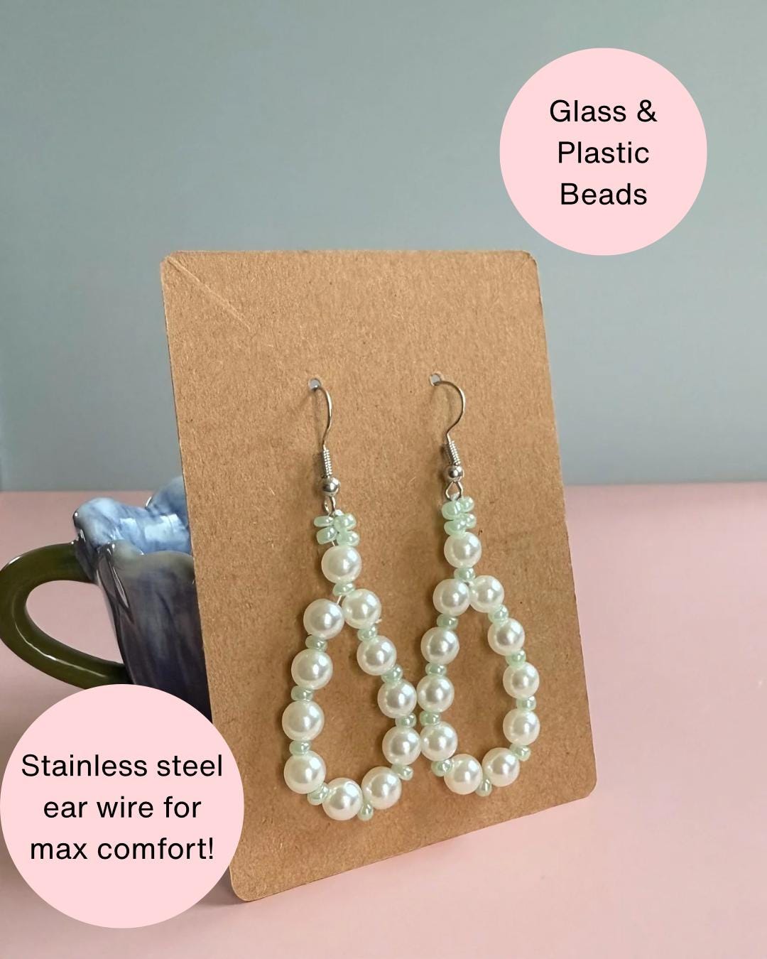 Handmade Pearl Loop Dangle Earrings with Green Beads | Dainty Loop Dangles | Minimalist Earrings