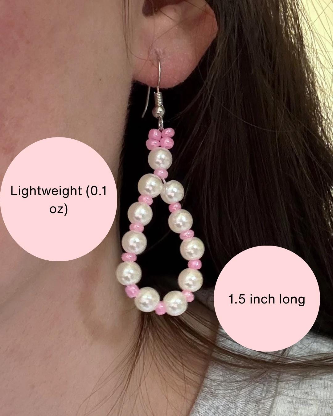 Handmade Pearl Loop Dangle Earrings with Pink Beads | Dainty Loop Dangles | Minimalist Earrings | Pink and White Earrings