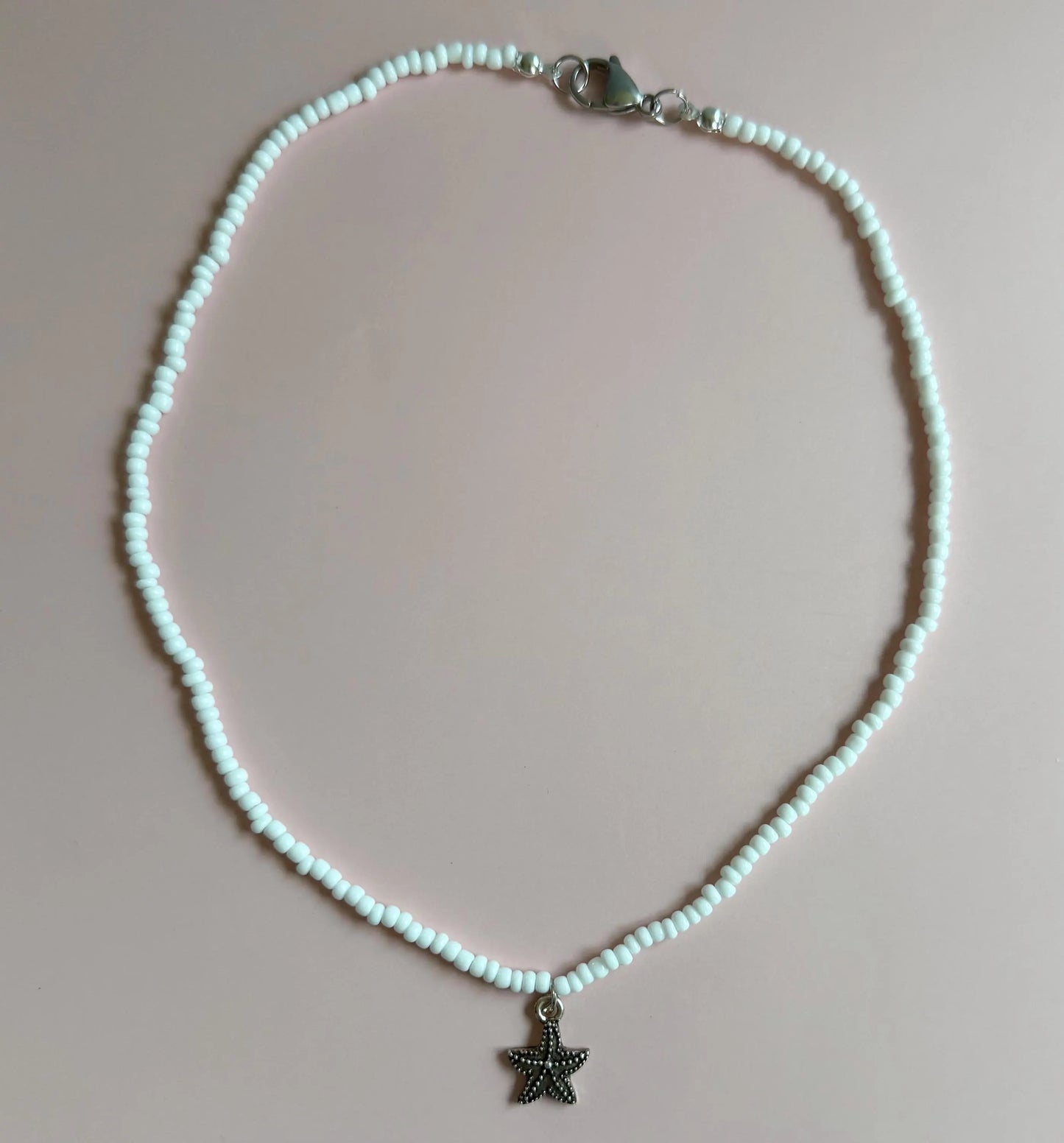 White Seed Bead Starfish Necklace | Dainty Beach Charm Choker | Coastal Boho Jewelry | Handmade Summer Necklace | Minimalist Ocean Gift