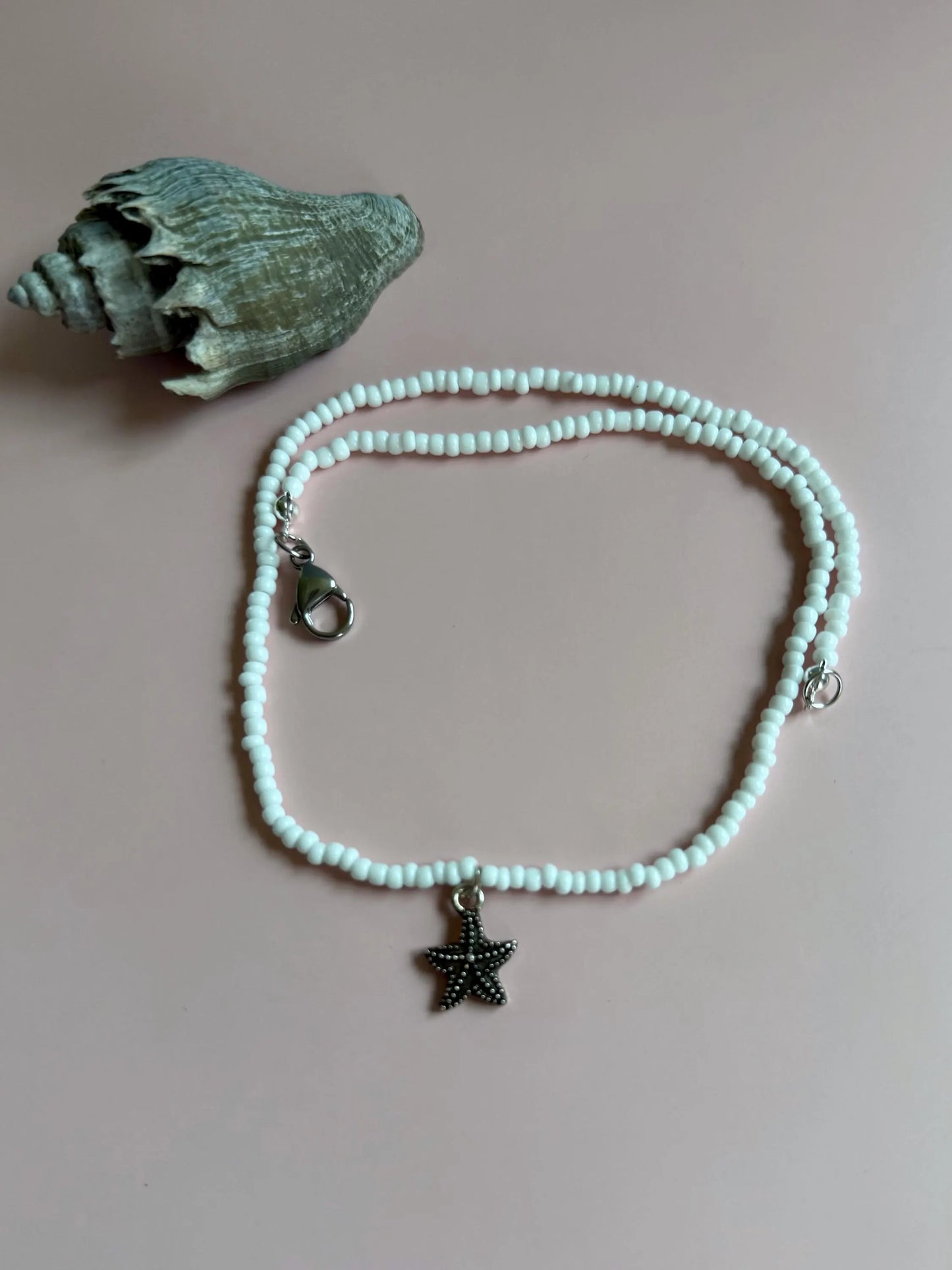 White Seed Bead Starfish Necklace | Dainty Beach Charm Choker | Coastal Boho Jewelry | Handmade Summer Necklace | Minimalist Ocean Gift
