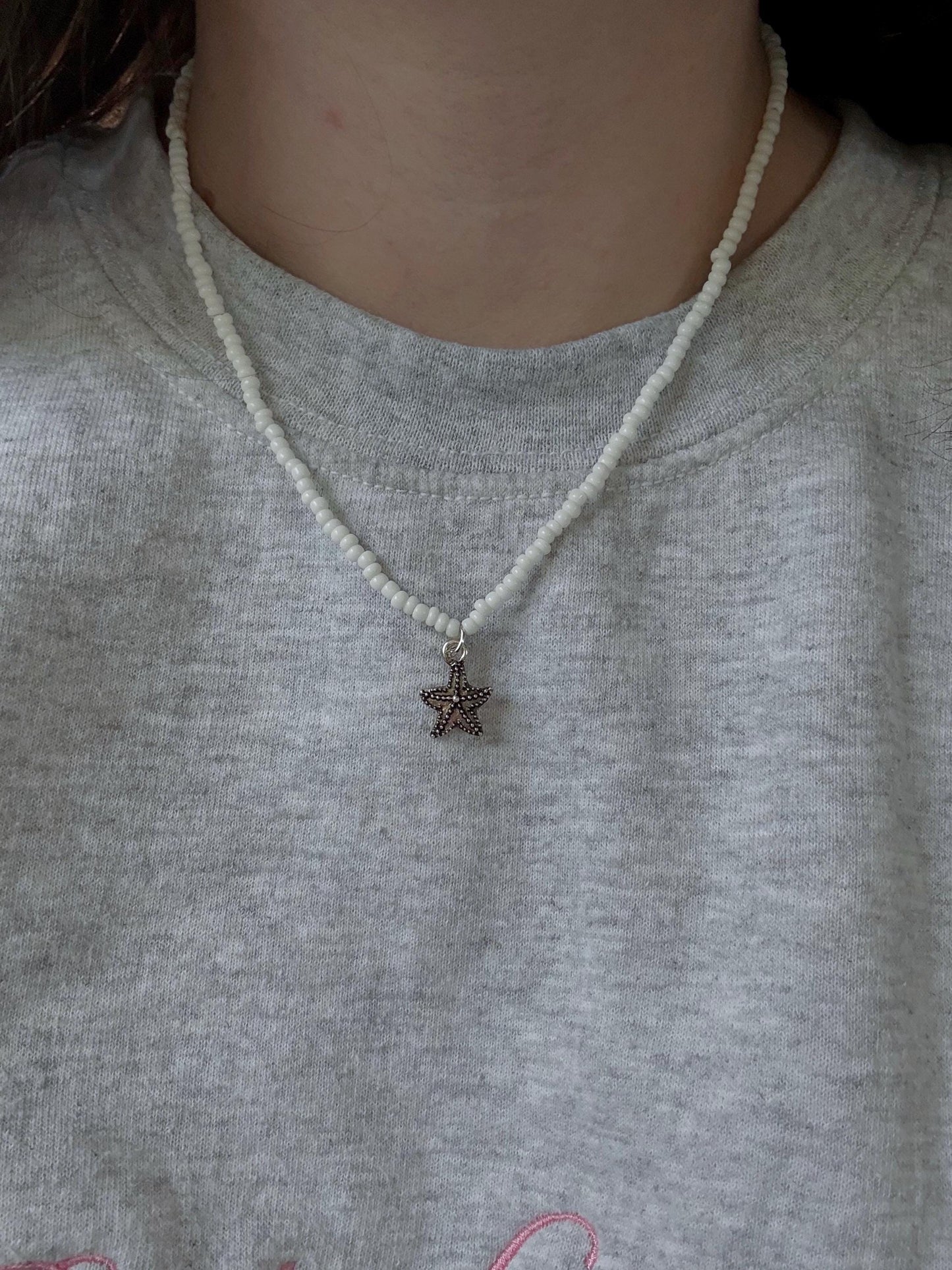White Seed Bead Starfish Necklace | Dainty Beach Charm Choker | Coastal Boho Jewelry | Handmade Summer Necklace | Minimalist Ocean Gift